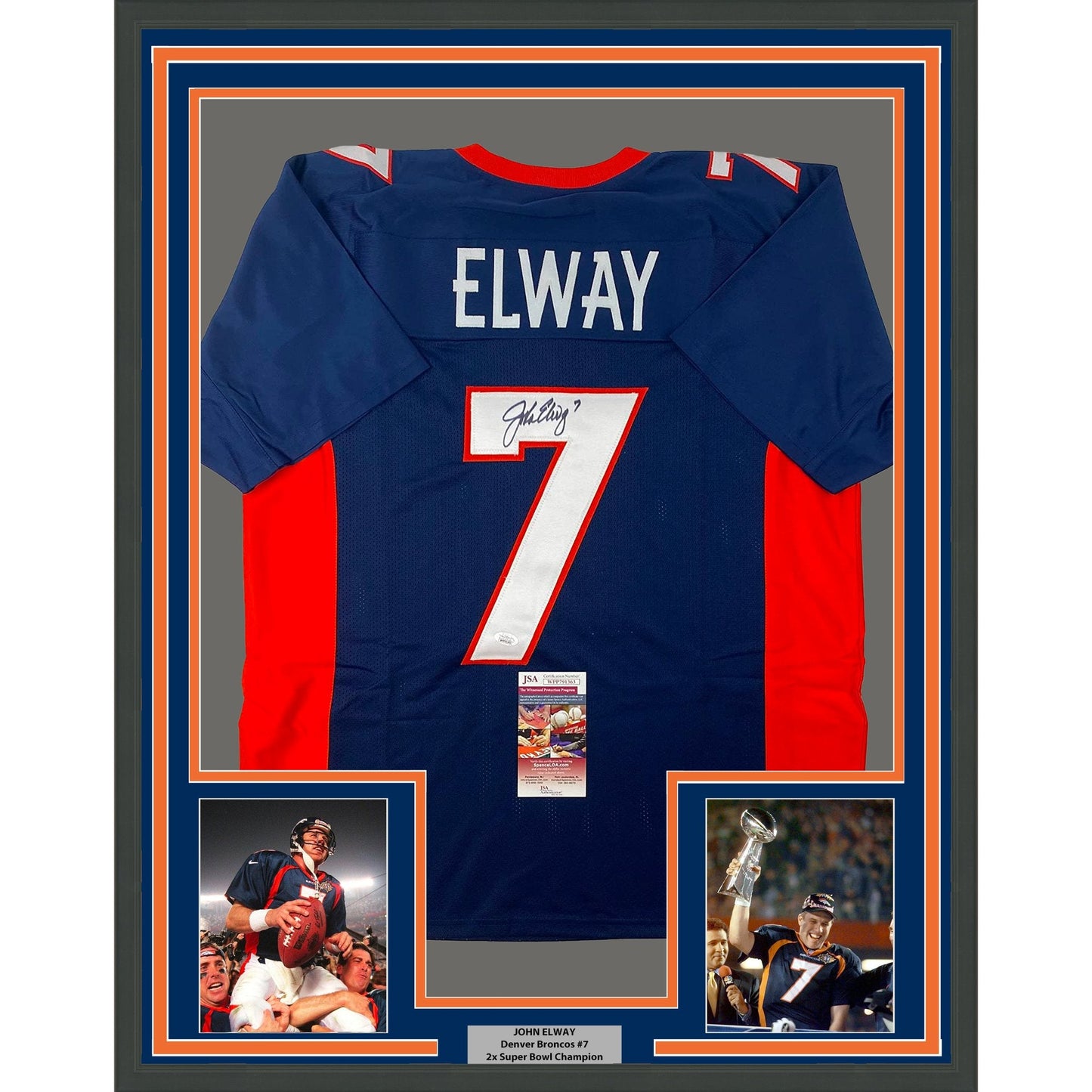 Framed Autographed/Signed John Elway 35x39 Denver Blue Football Jersey JSA COA