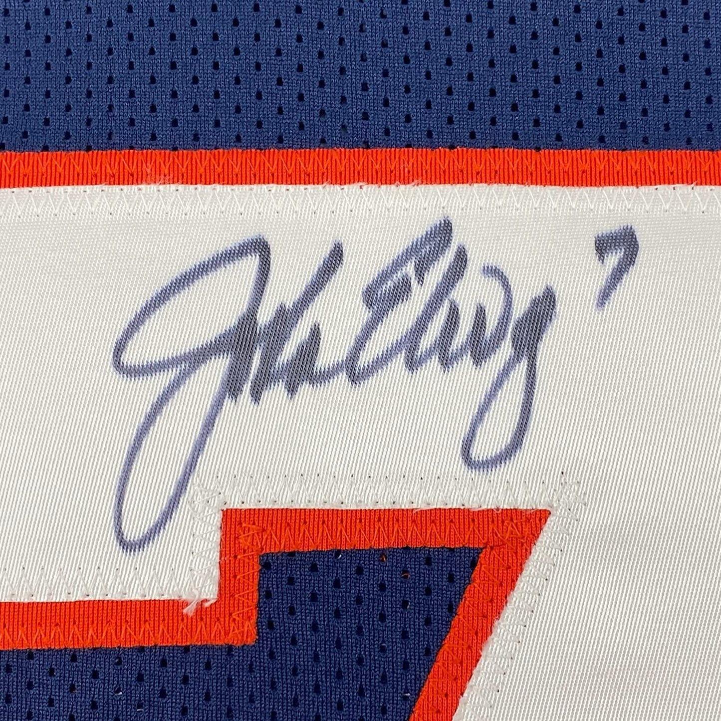 Framed Autographed/Signed John Elway 35x39 Denver Blue Football Jersey JSA COA