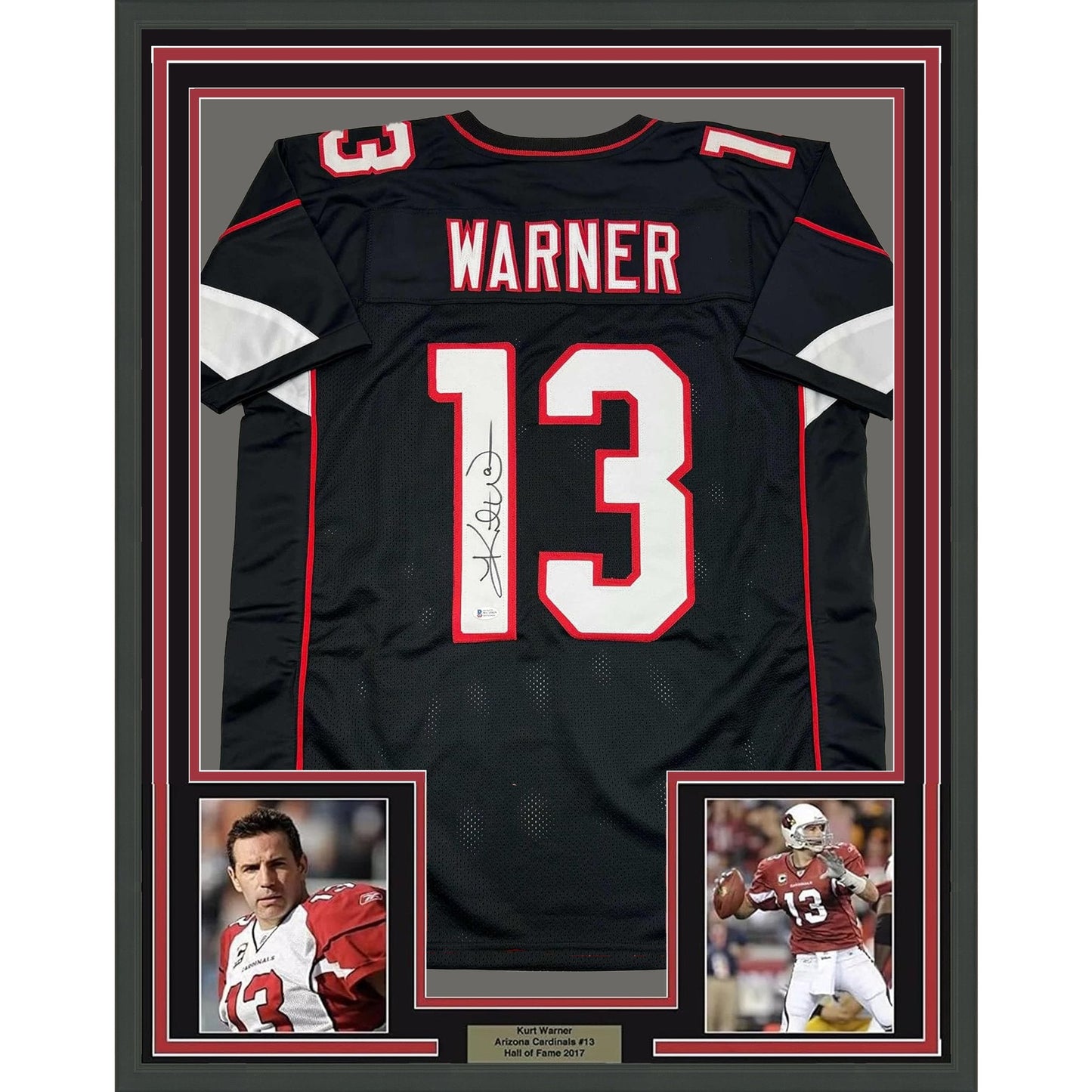 Framed Autographed/Signed Kurt Warner 35x39 Arizona Black Football Jersey Beckett BAS COA