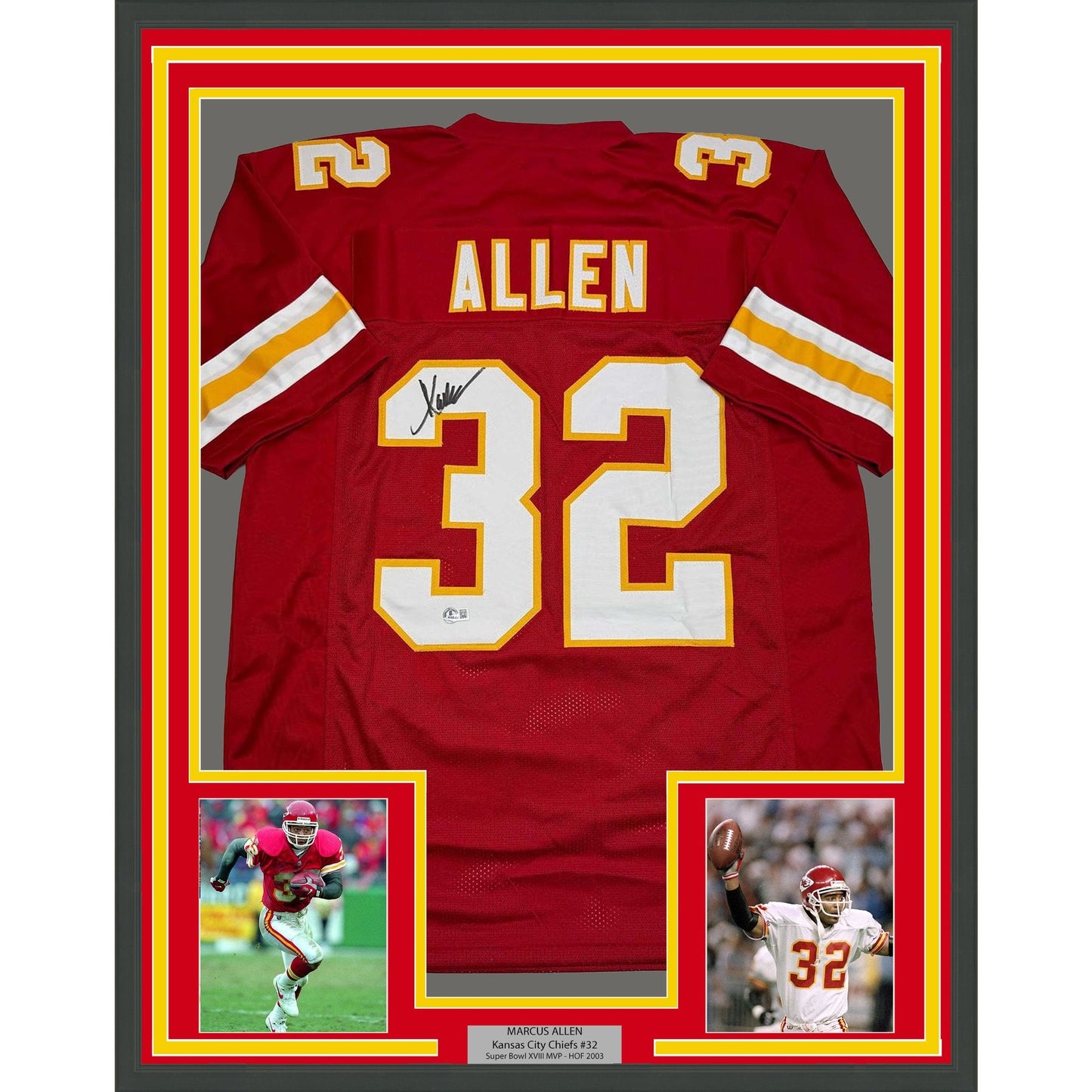 Framed Autographed/Signed Marcus Allen 35x39 Kansas City Red Football Jersey Beckett BAS COA