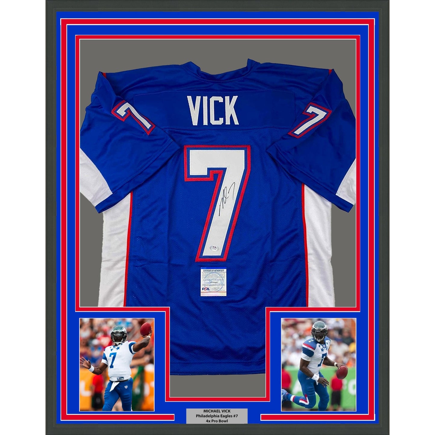 Framed Autographed/Signed Michael Mike Vick 35x39 Pro Bowl Blue Football Jersey PSA/DNA COA