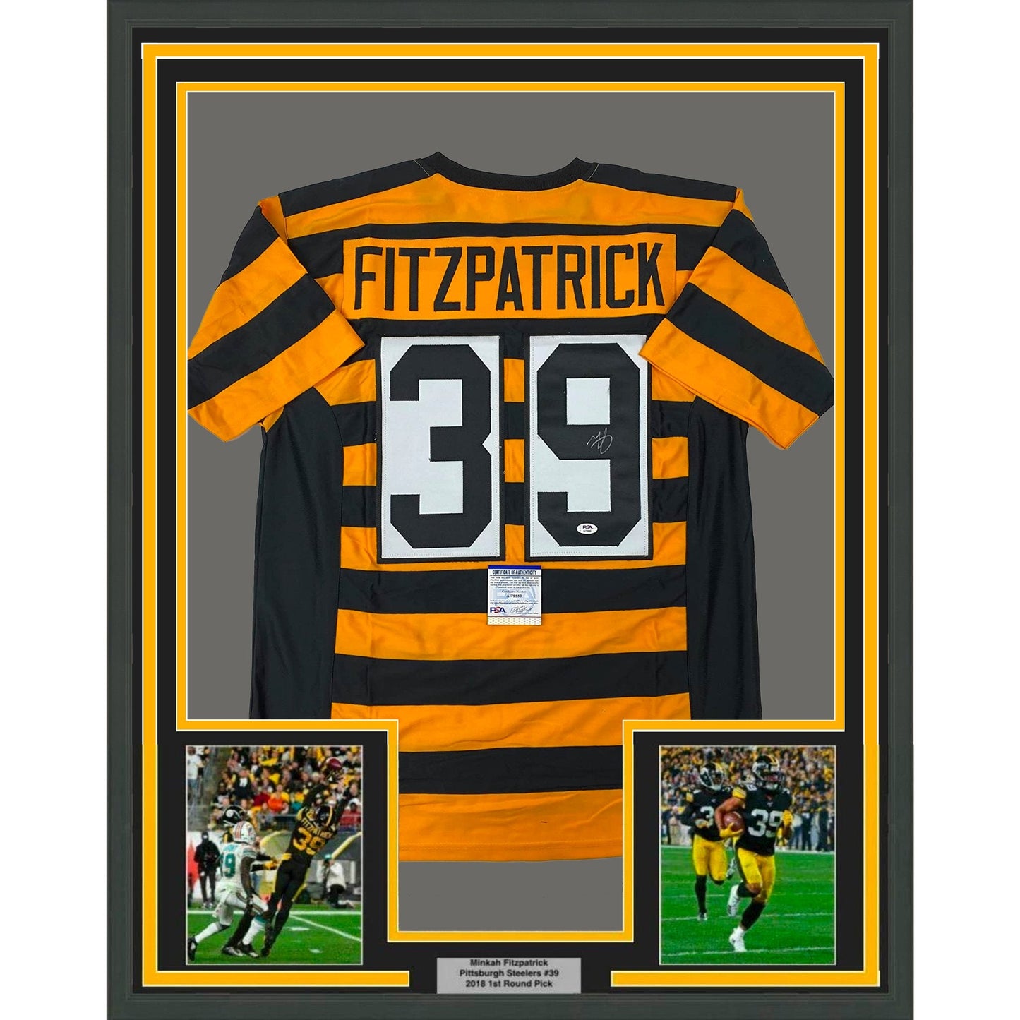 Framed Autographed/Signed Minkah Fitzpatrick 35x39 Pittsburgh Bumble Bee Football Jersey PSA/DNA COA