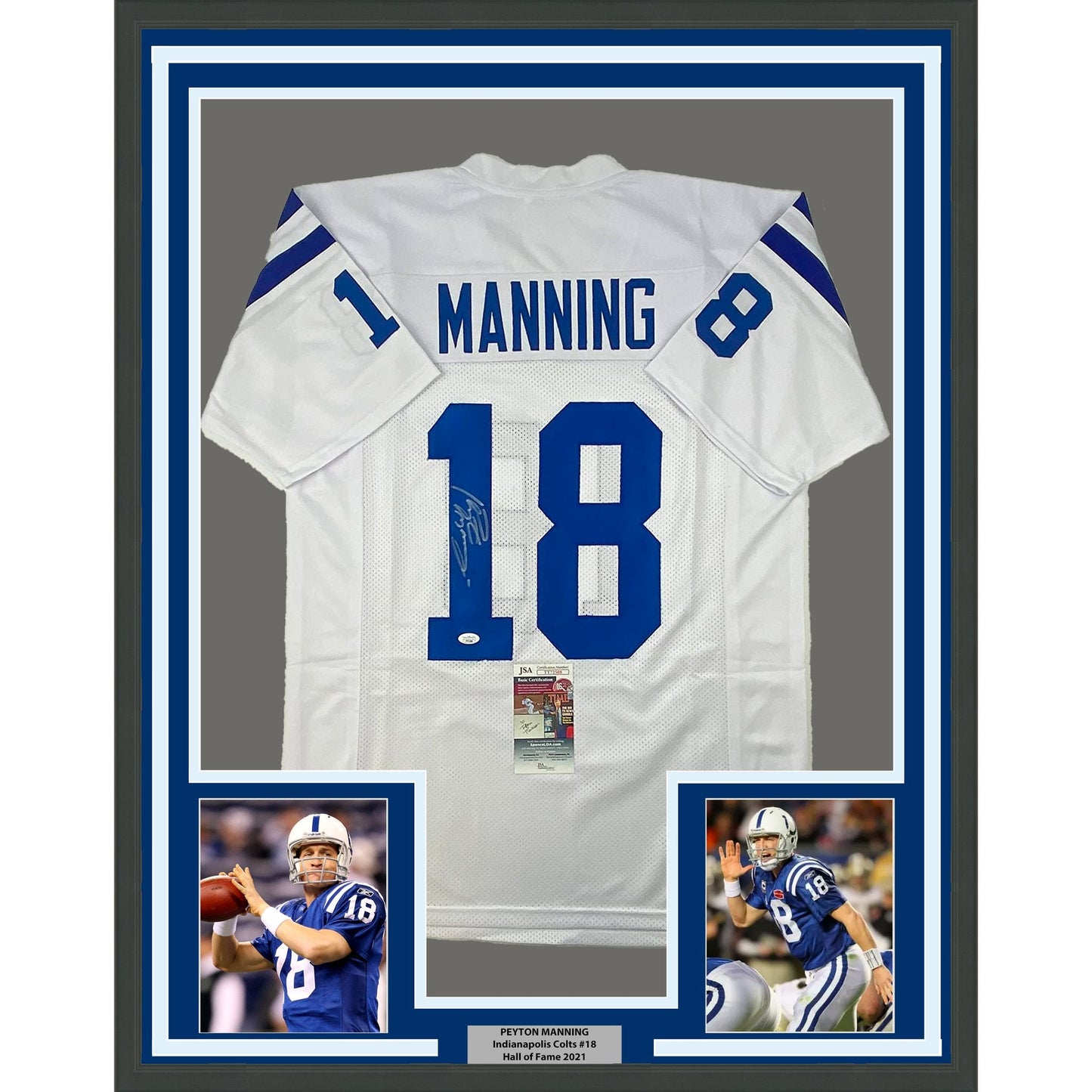 Framed Autographed/Signed Peyton Manning 35x39 Indianapolis White Football Jersey JSA COA