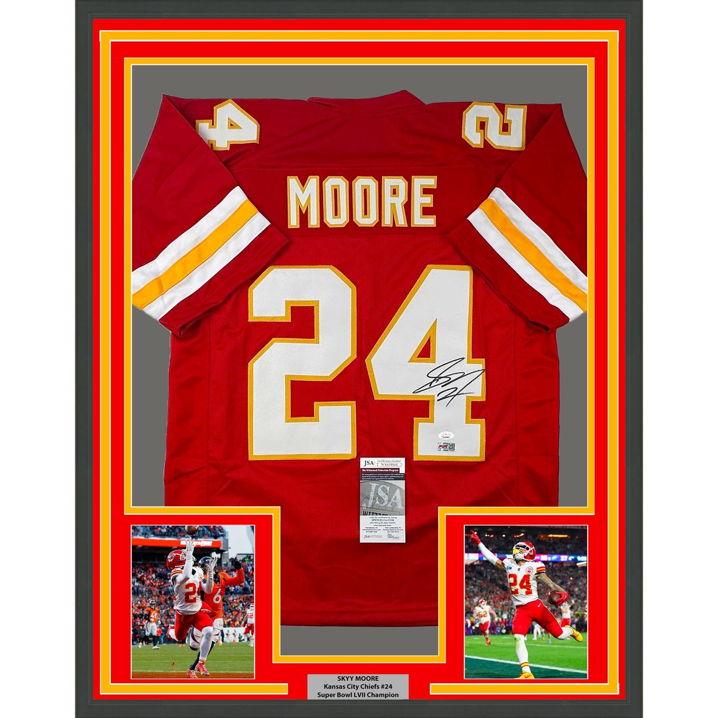 Framed Autographed/Signed Skyy Moore 35x39 Kansas City Red Football Jersey JSA COA