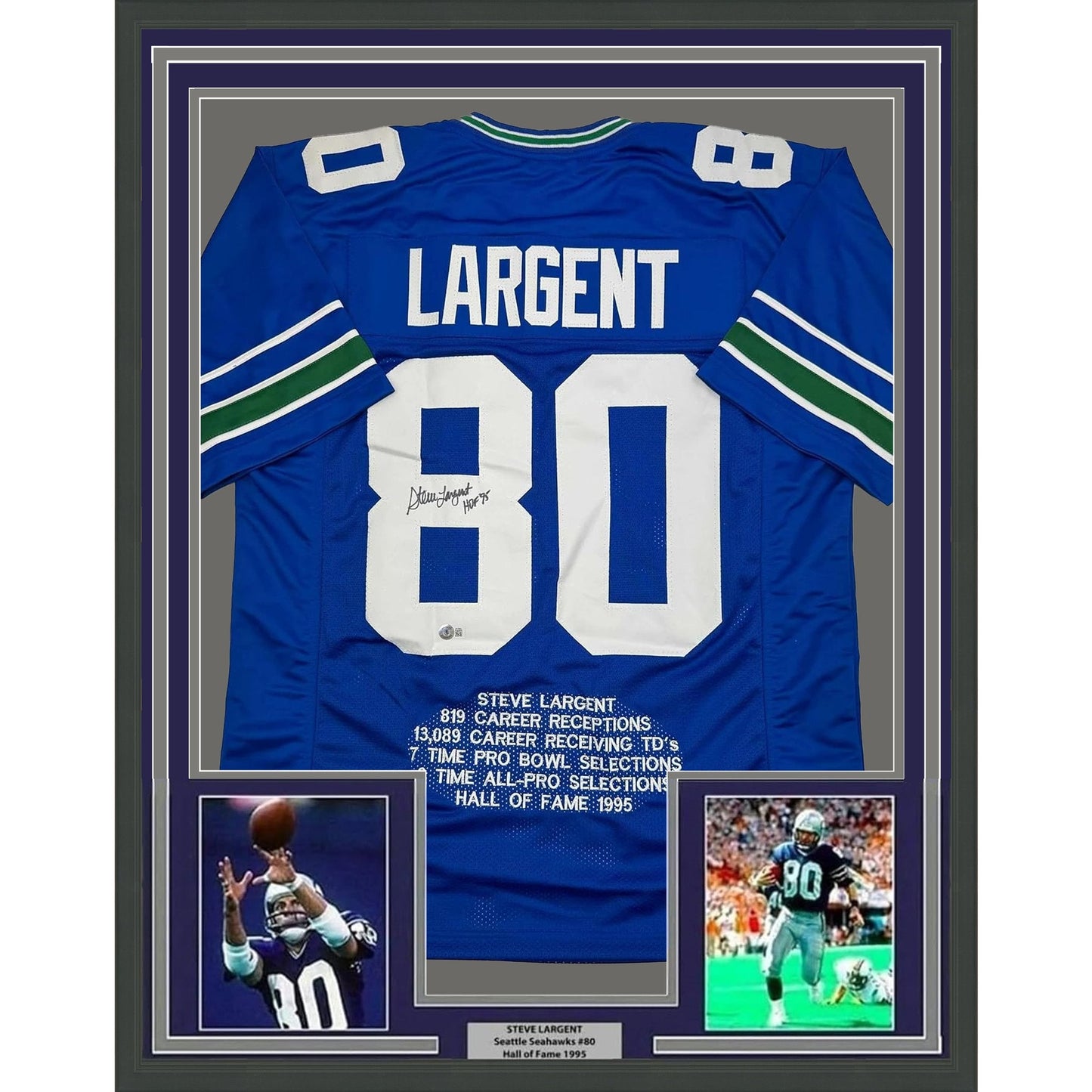 Framed Autographed/Signed Steve Largent HOF 95 35x39 Seattle Blue Stat Football Jersey Beckett BAS COA