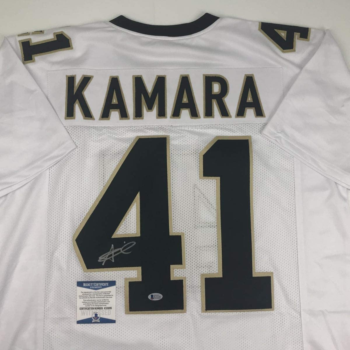 Autographed/Signed Alvin Kamara New Orleans White Football Jersey Beckett BAS COA