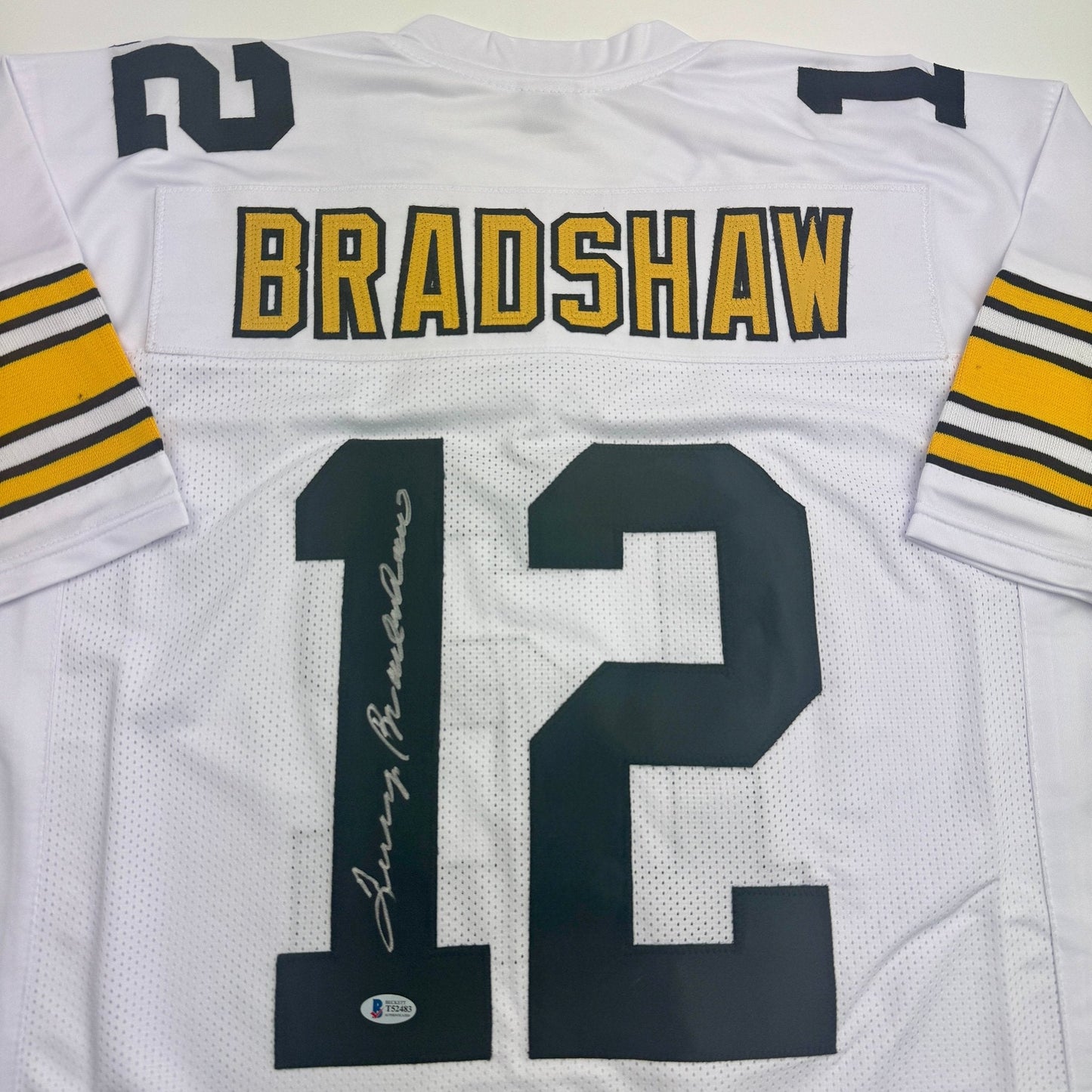 Autographed/Signed Terry Bradshaw Pittsburgh White Football Jersey Beckett BAS COA