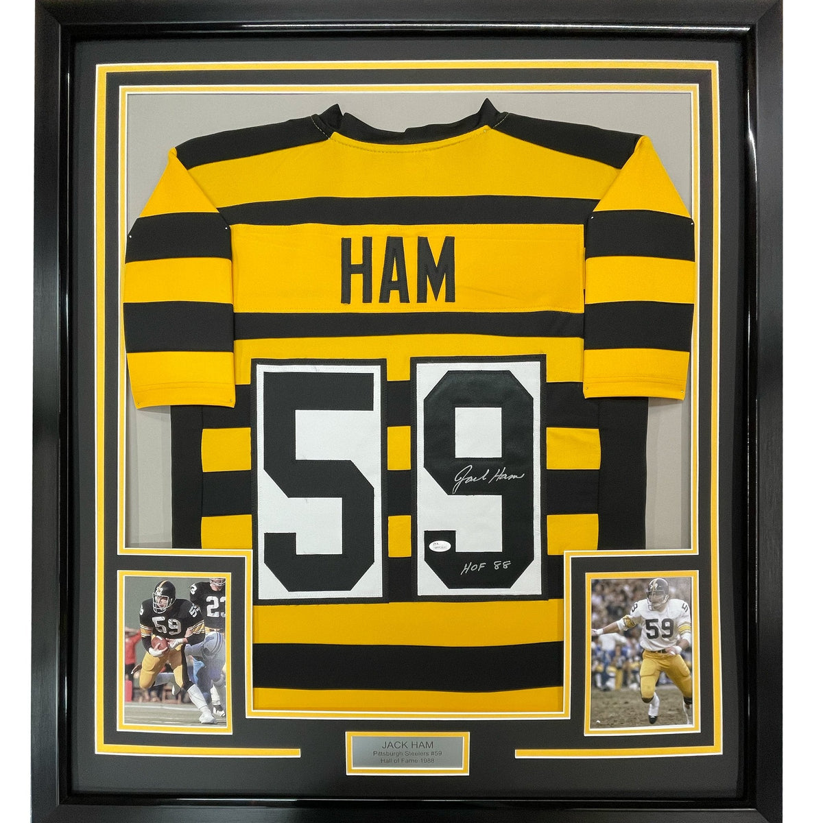 Framed Autographed/Signed Jack Ham HOF 88 35x39 Pittsburgh Bumble Bee Football Jersey JSA COA
