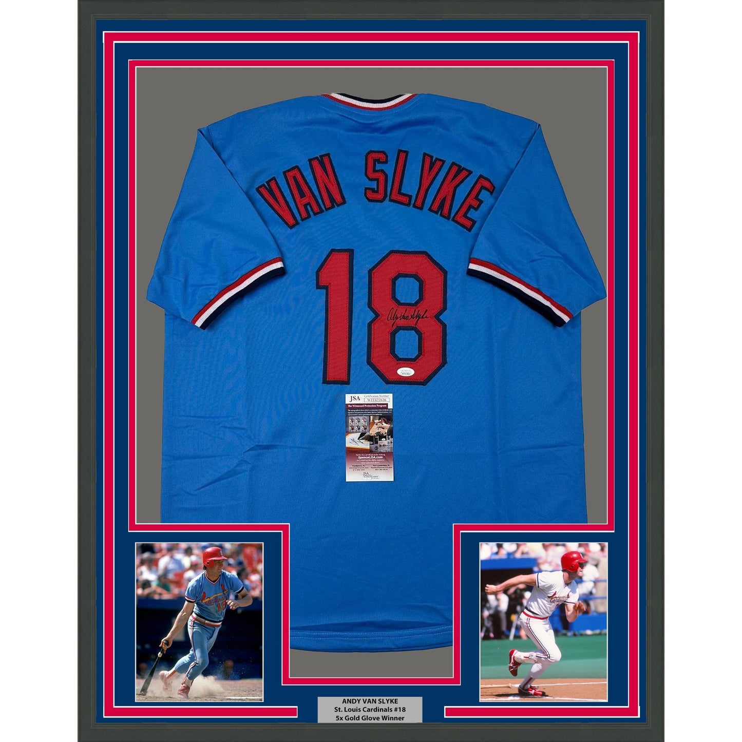 Framed Autographed/Signed Andy Van Slyke 35x39 St. Louis Blue Baseball Jersey JSA COA