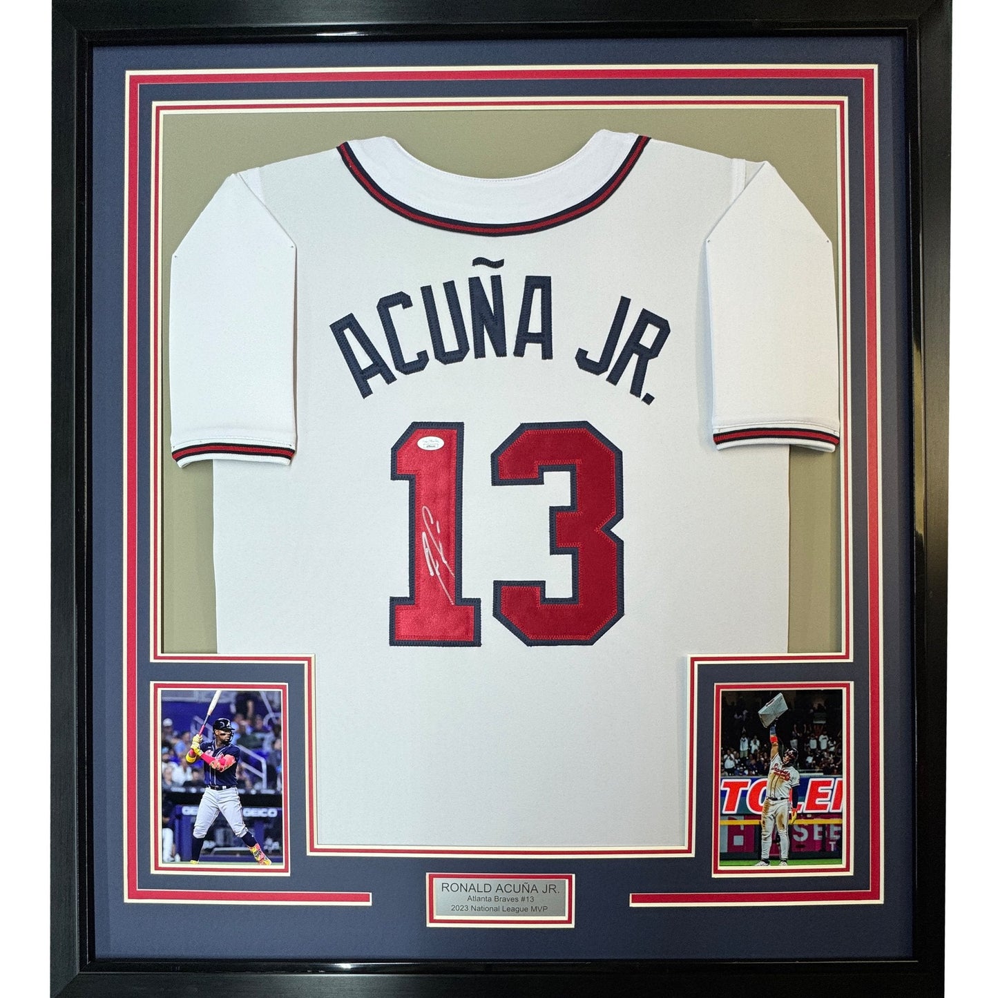 Framed Autographed/Signed Ronald Acuna Jr. 35x39 Atlanta White Baseball Jersey JSA COA
