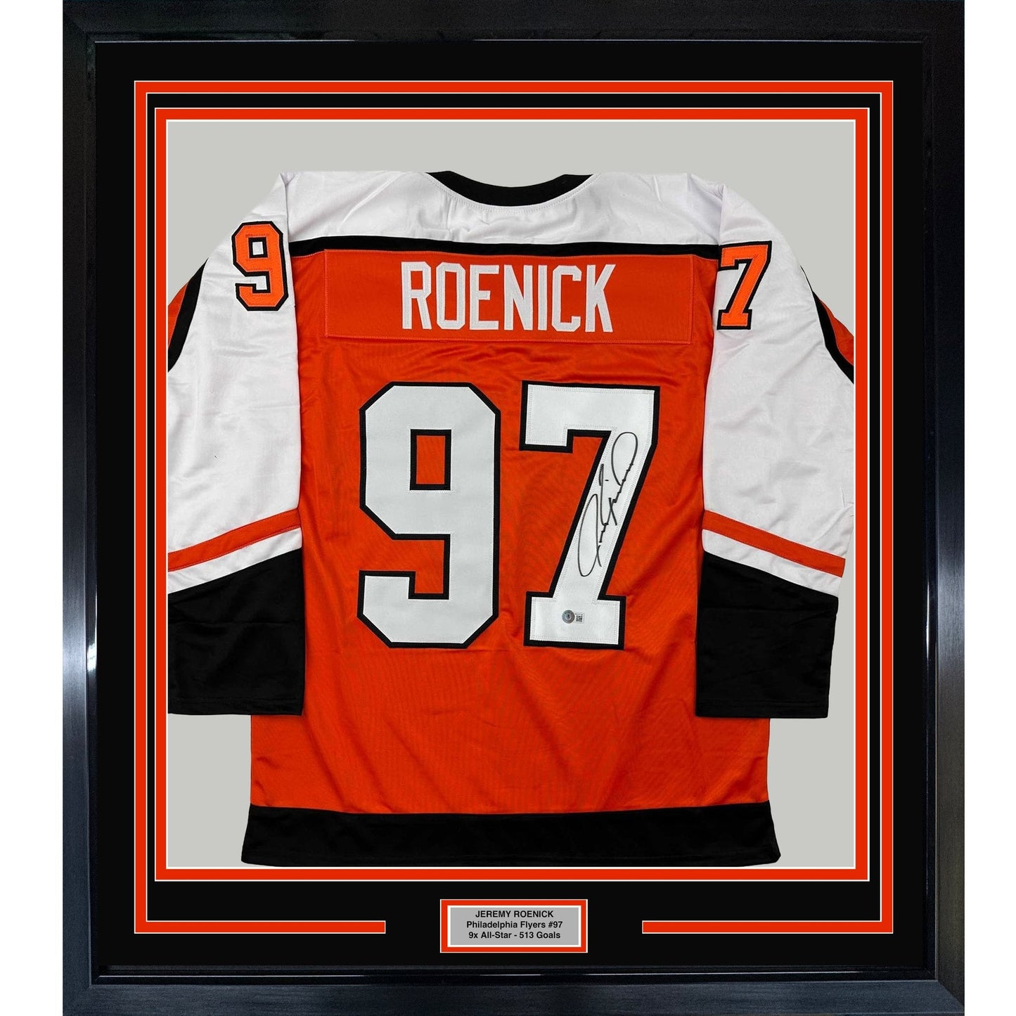 Framed Autographed/Signed Jeremy Roenick 35x39 Philadelphia Orange Hockey Jersey Beckett BAS COA