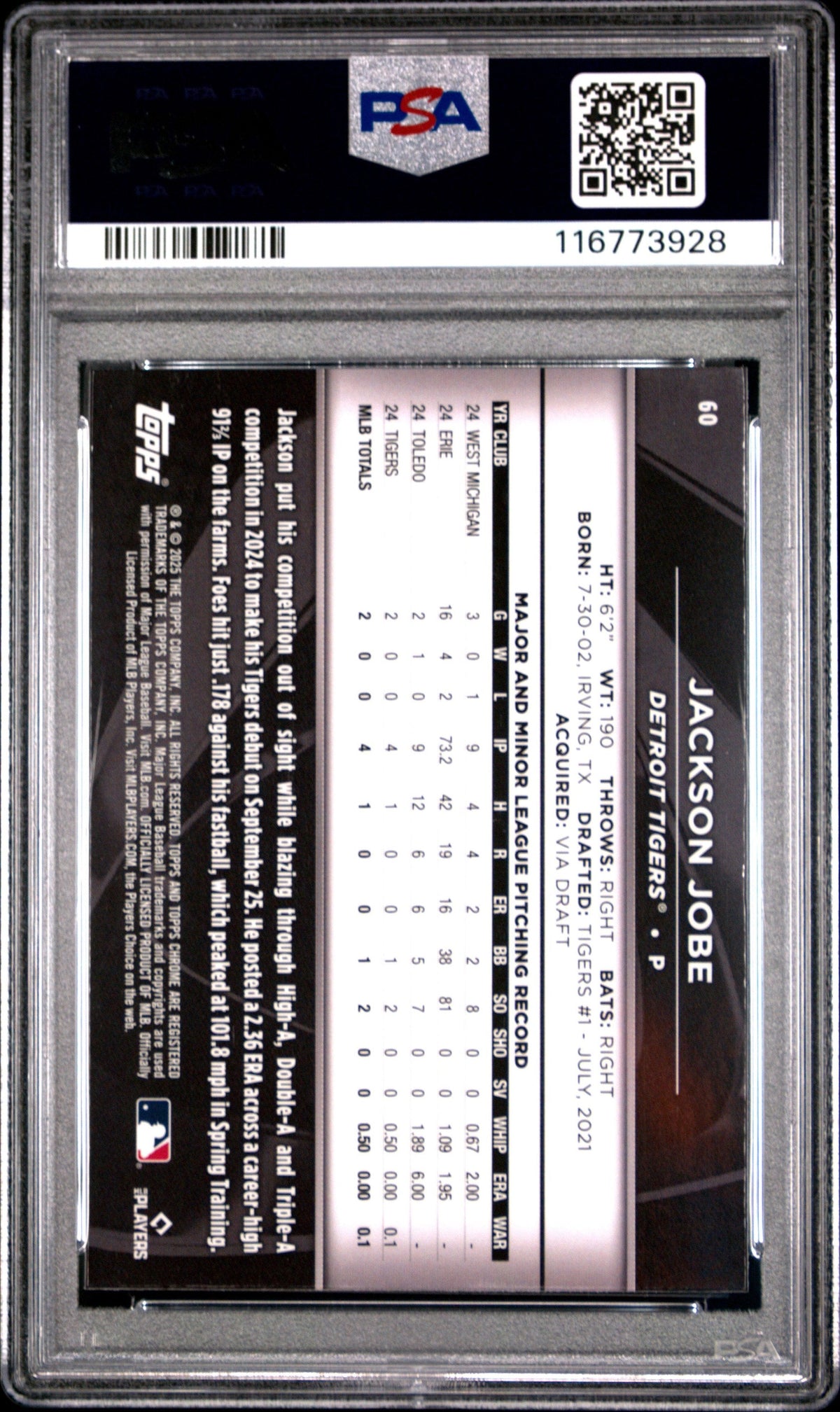Graded 2025 Topps Chrome Black Jackson Jobe #60 Rookie RC Baseball Card PSA 10 Gem Mint