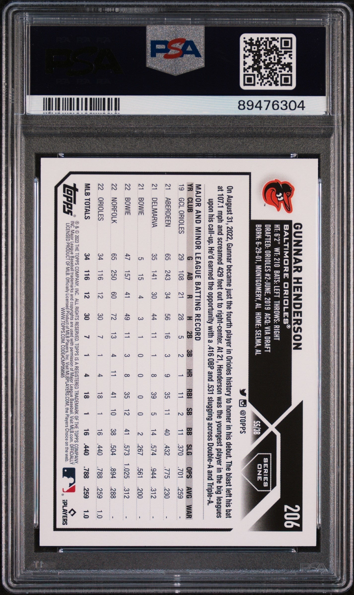 Graded 2023 Topps Gunnar Henderson #206 Rookie RC Baseball Card PSA 10 Gem Mint