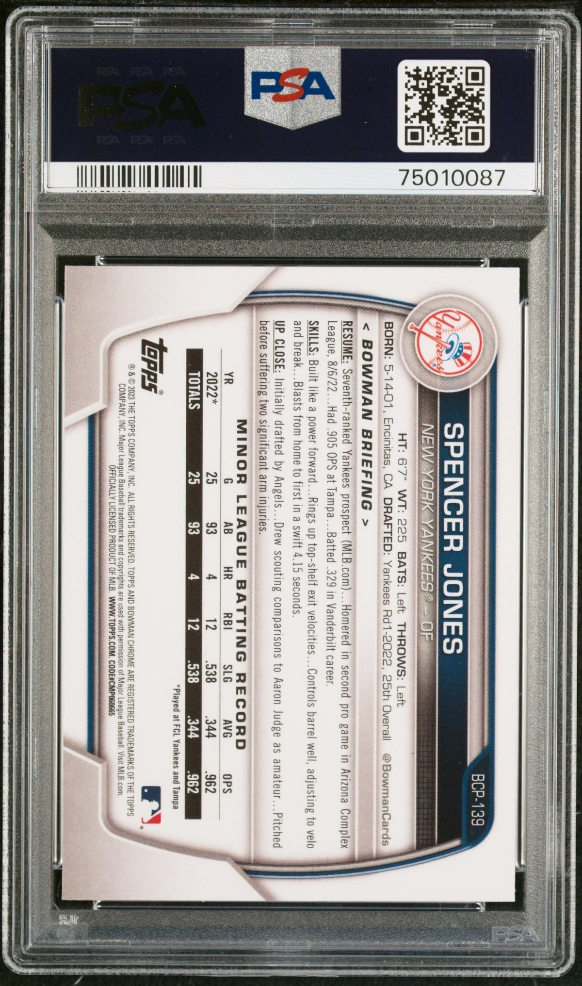 Graded 2023 Topps Bowman Spencer Jones #BCP139 Chrome Prospects Rookie RC Baseball Card PSA 10 Gem Mint