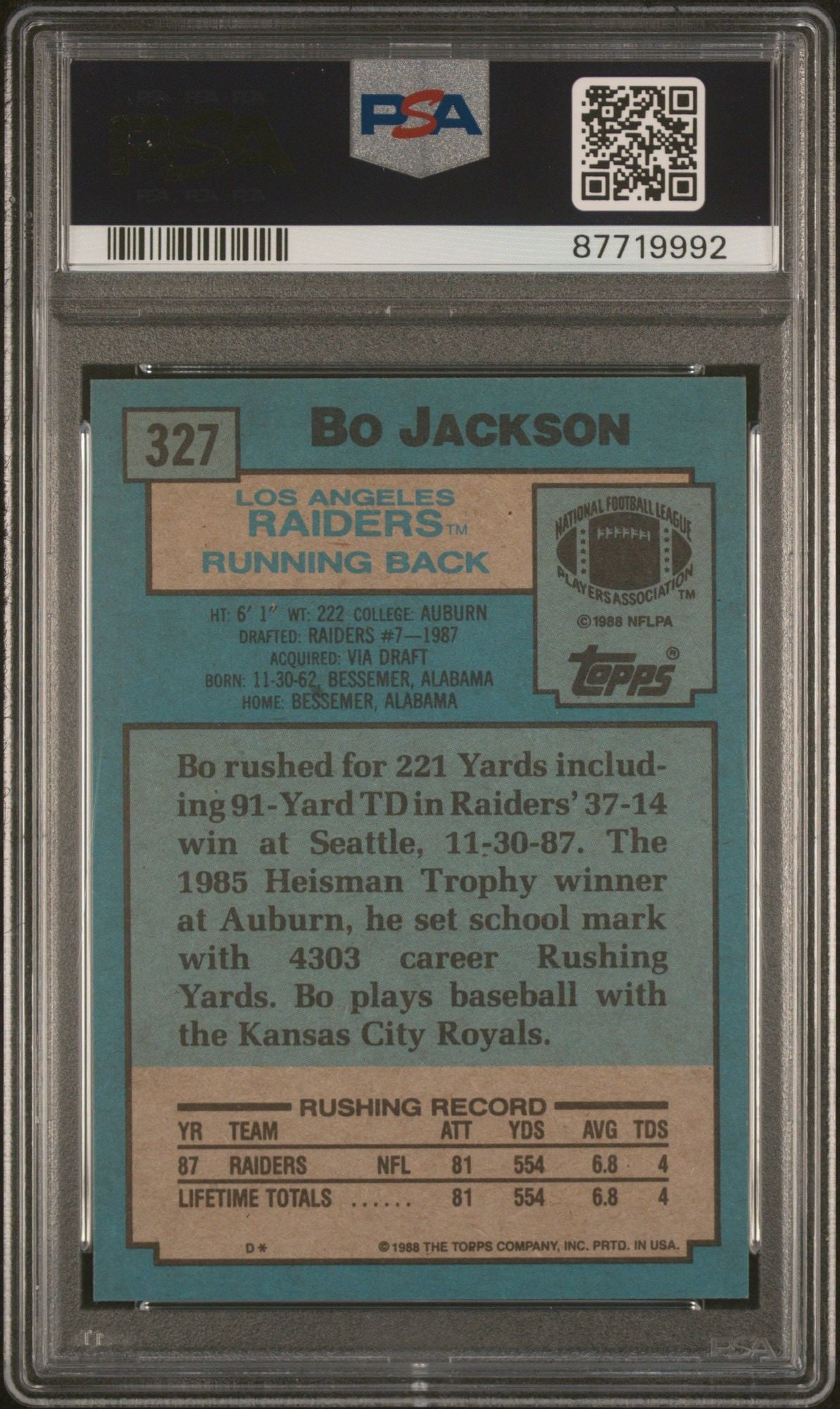 Graded 1988 Topps Super Rookie Bo Jackson #327 Rookie RC Baseball Card PSA 9 Mint