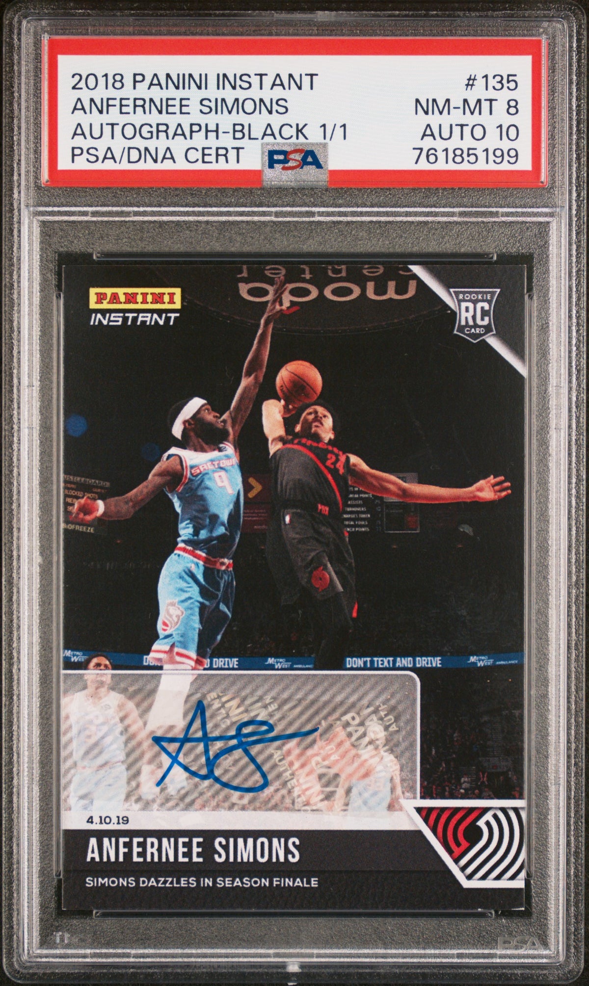 2018 Panini Instant #135 Anfernee Simons Autograph-Black 1/1 PSA 8