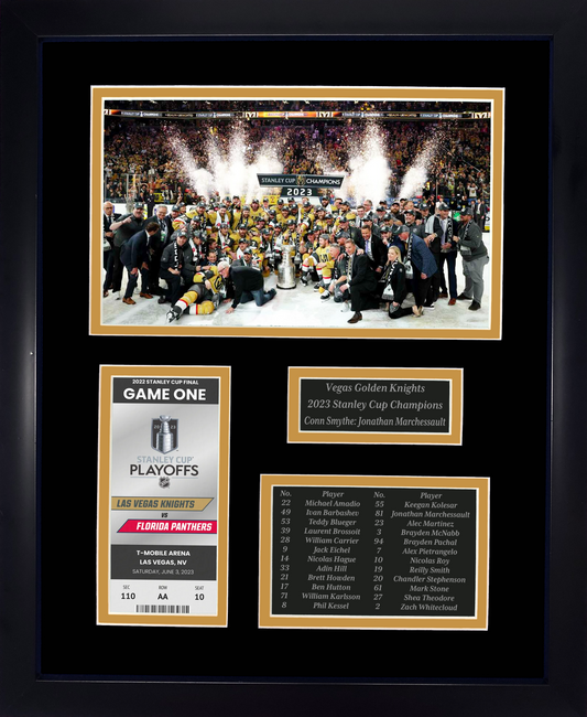 Framed Vegas Golden Knights 2023 Stanley Cup Replica Champions Laser Engraved Commemorative Ticket Collage  12 x15  Hockey Photo
