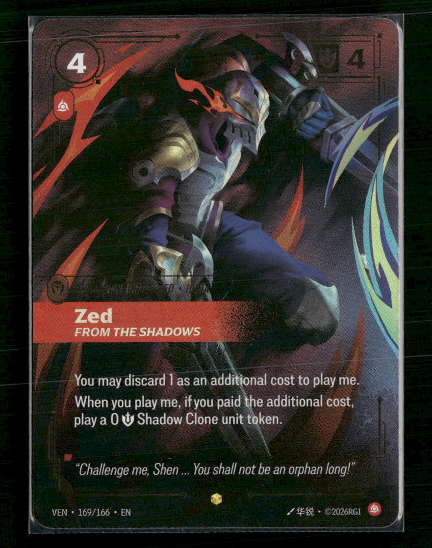 Zed, From the Shadows (Overnumbered) #169/166 Foil Showcase - Riftbound Vendetta