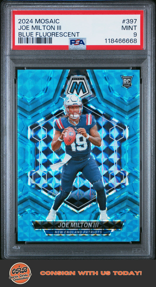 Joe Milton Iii 2024 Panini Mosaic #397 Blue Fluorescent PSA 9 #/15 - Front
