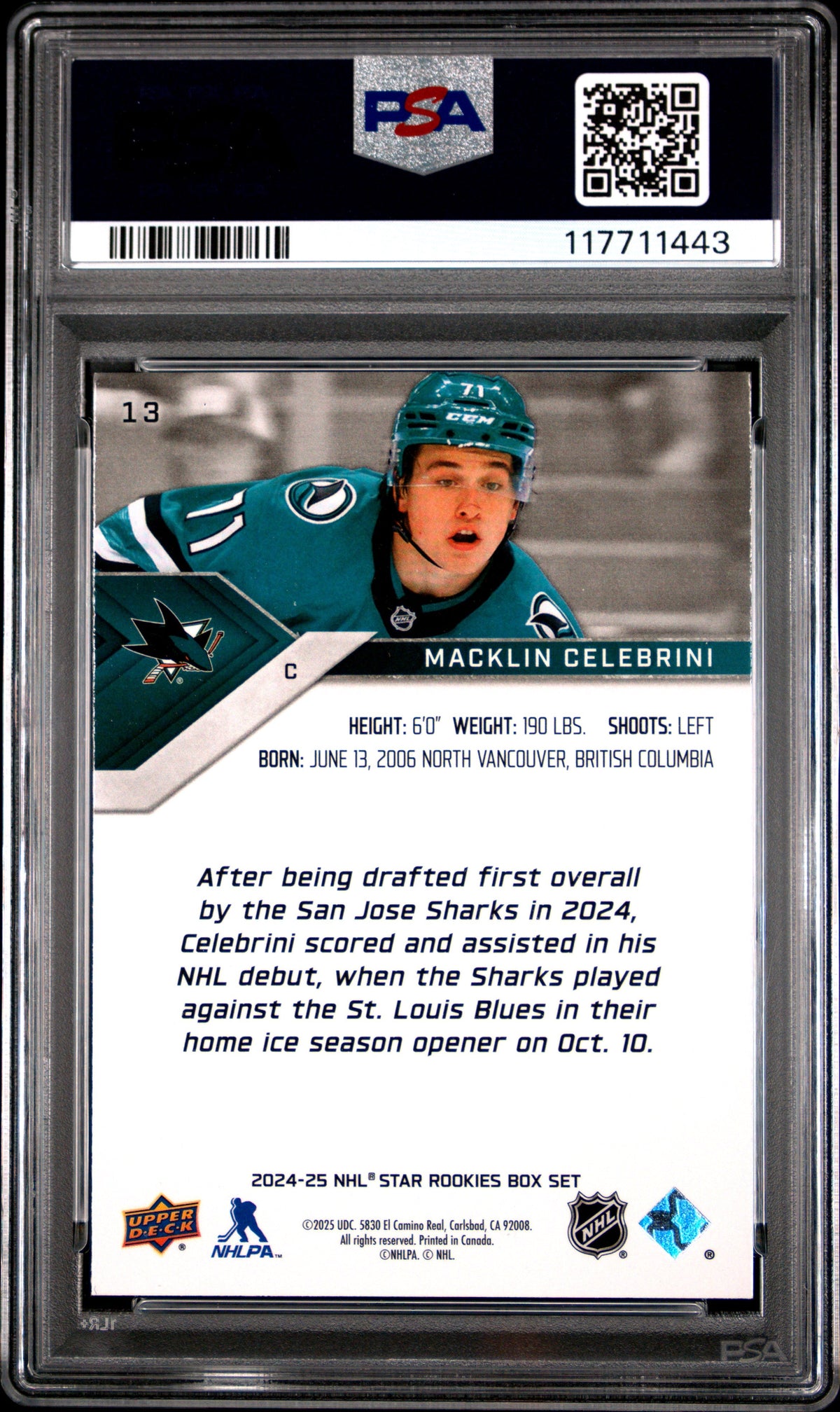 Graded 2024 Upper Deck Star Rookie Macklin Celebrini #13 Box Set Rookie RC Hockey Card PSA 8 Near Mint