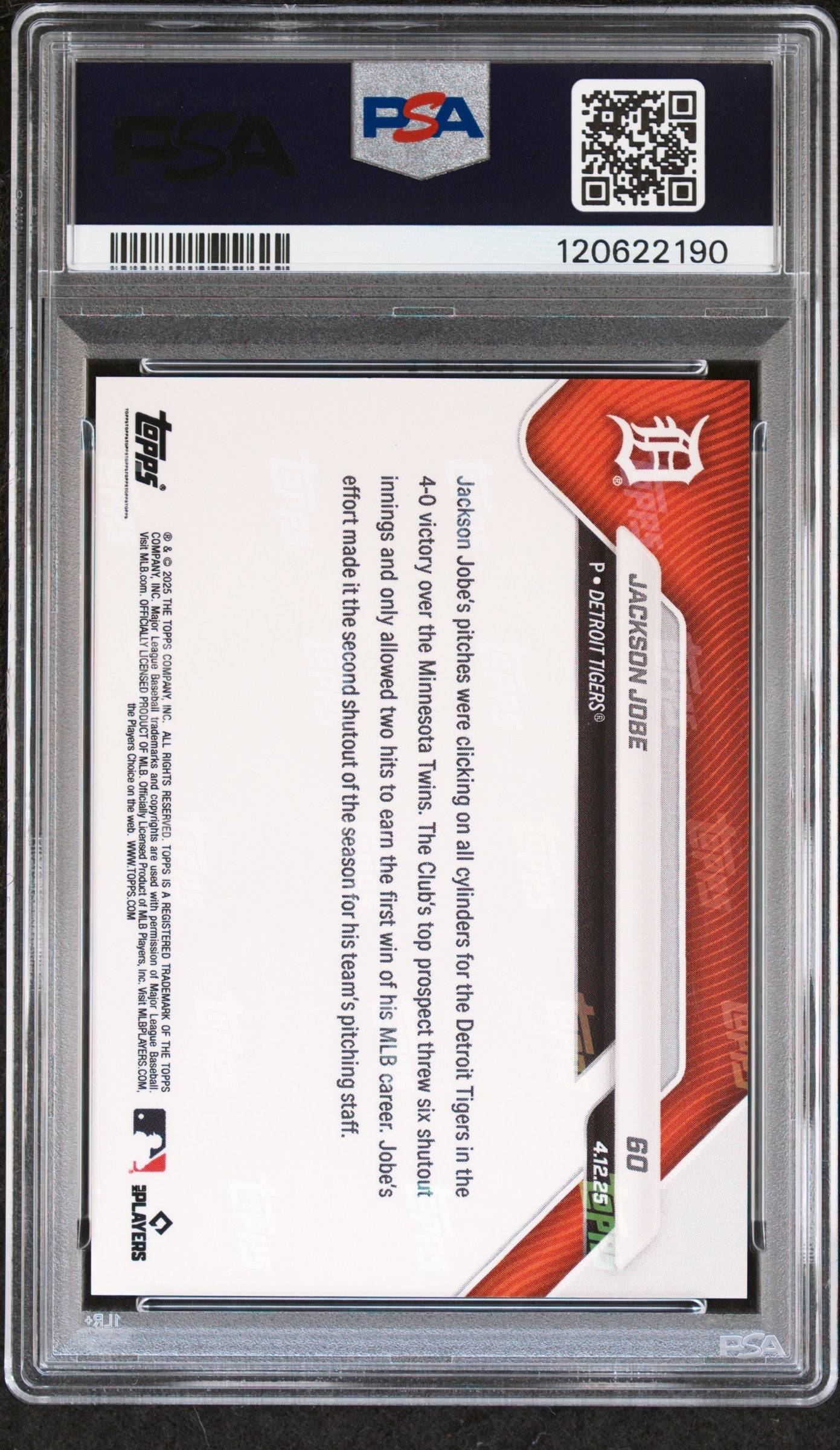 Graded 2025 Topps Now Jackson Jobe #60 Orange Foil /25 Rookie RC Baseball Card PSA 9 Mint