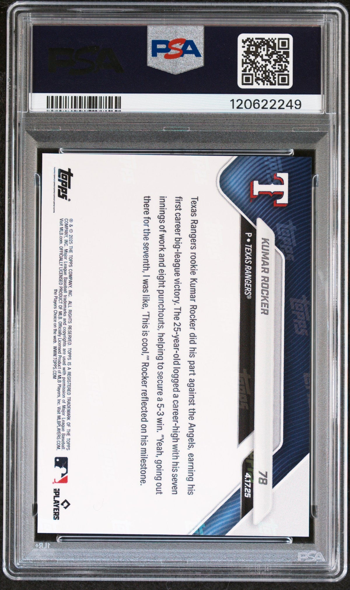 Graded 2025 Topps Now Kumar Rocker #78 Rookie RC Baseball Card PSA 8 Near Mint