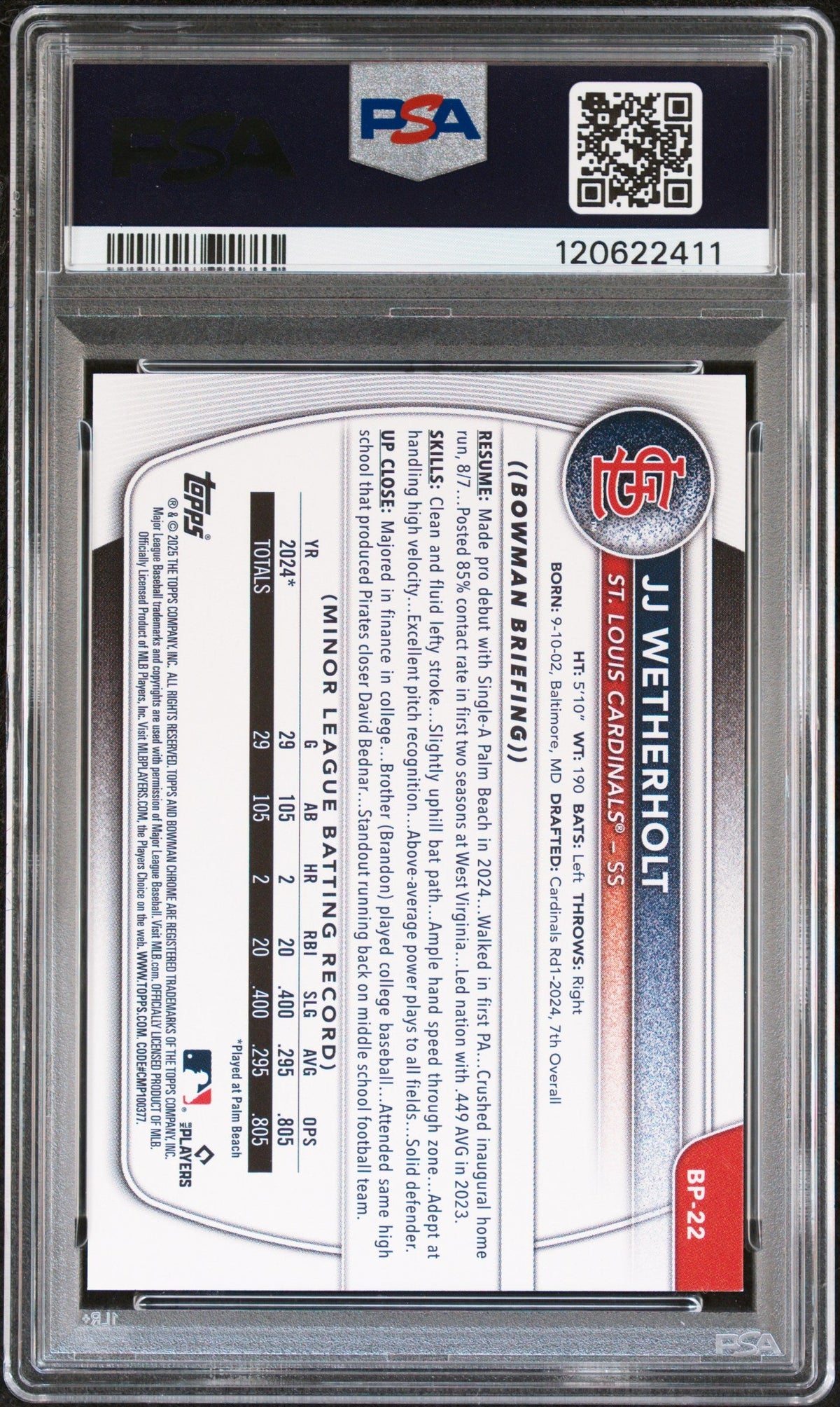 Graded 2025 Topps Bowman JJ Wetherholt #BP22 Paper Prospects Rookie RC Baseball Card PSA 6 Excellent
