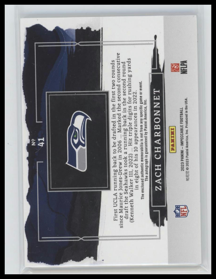 2023 Panini Elegance Rookie Helmet and Team Logo Auto Zach Charbonnet #/10 #41