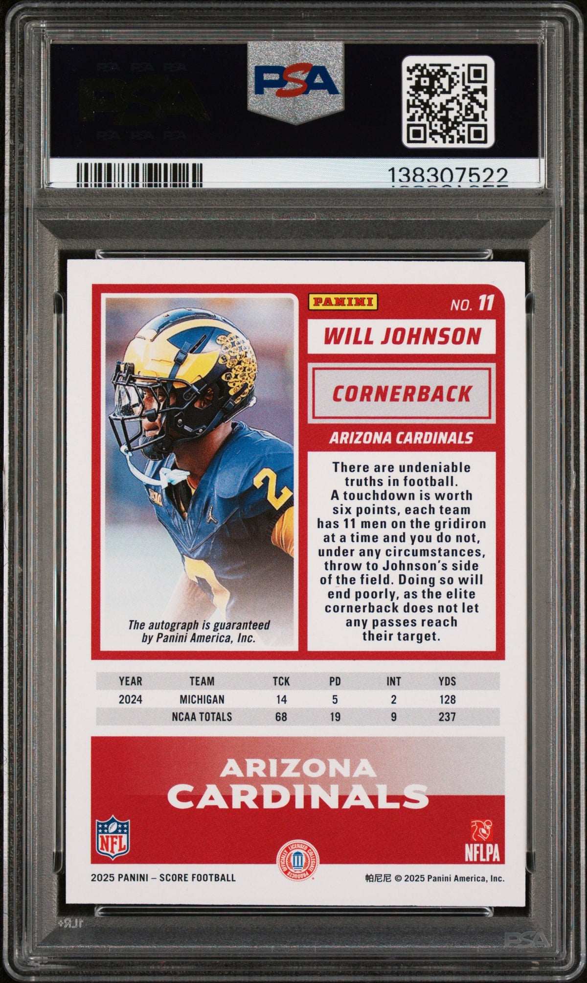 2025 Panini Score Rookie-Signature-Green Will Johnson 9 PSA #11