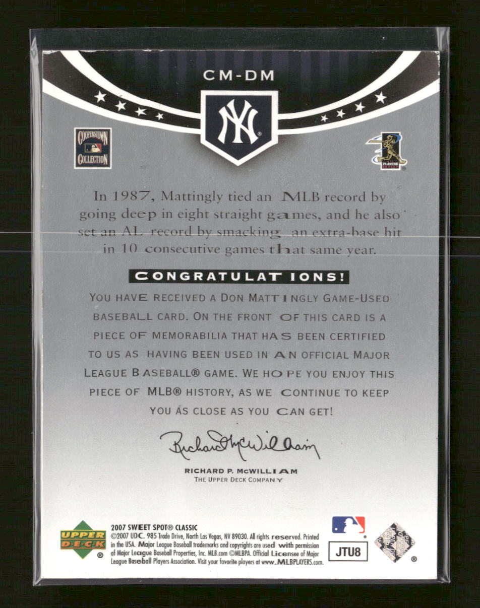 2007 Upper Deck Sweet Spot Classic Classic Memorabilia Don Mattingly #CM-DM