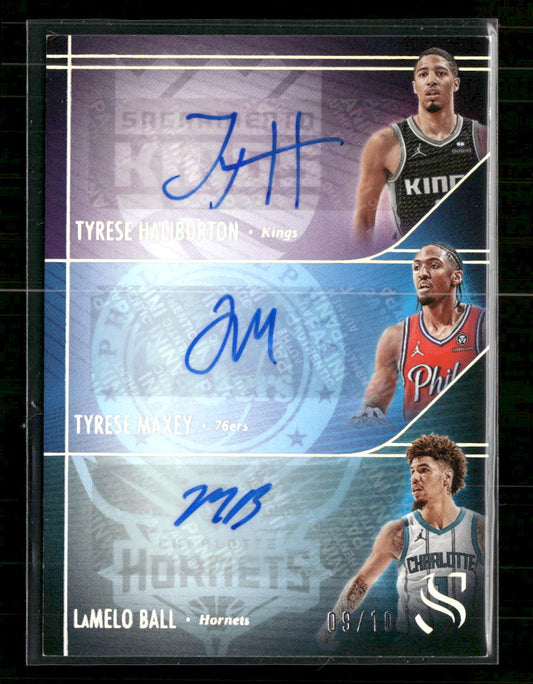 2024-25 Panini Silhouette Triple Auto #/10 Tyrese H, Tyrese M, LaMelo B #TA-TWE
