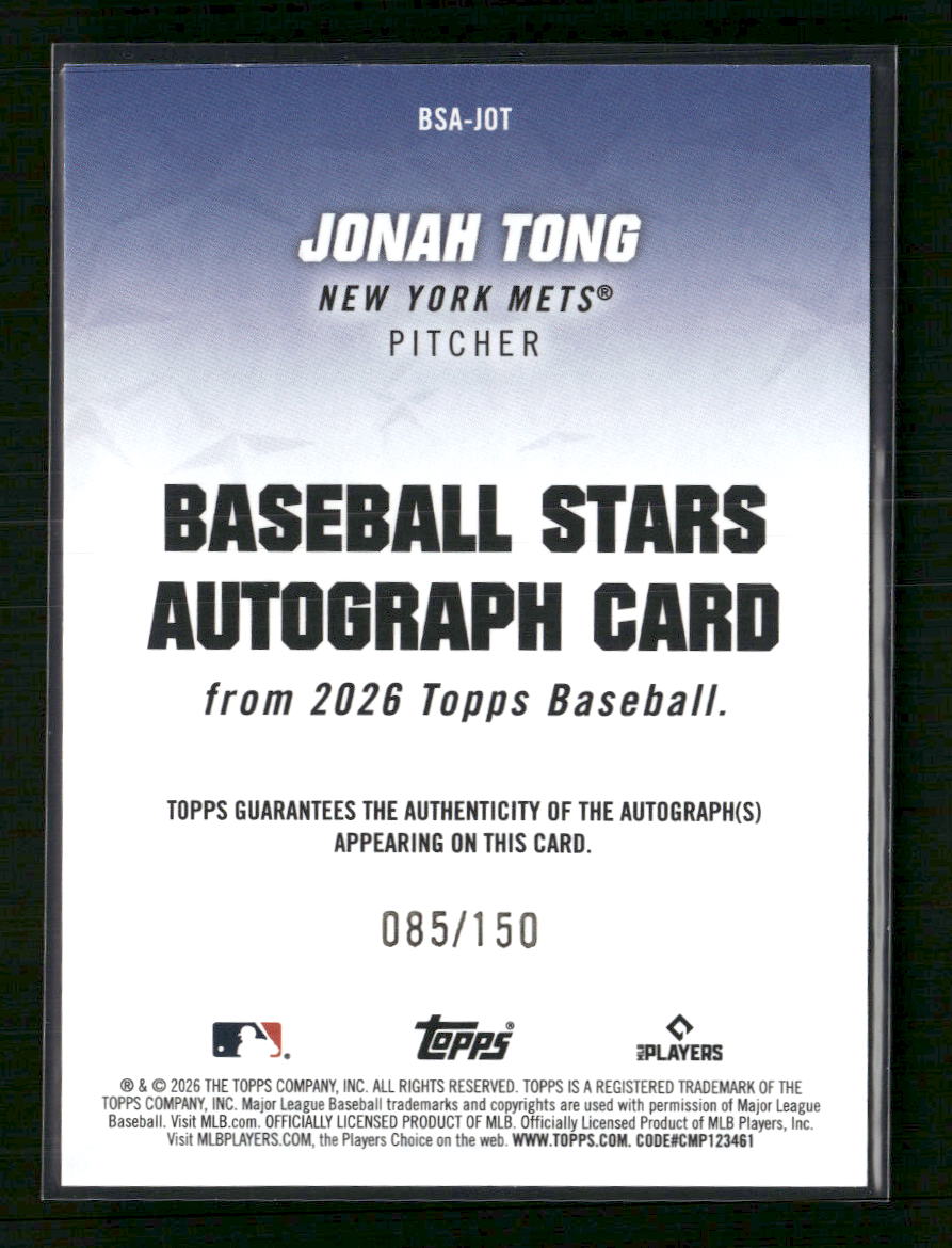 2026 Topps Baseball Stars Autographs Blue #/150 Jonah Tong Auto #BSA-JOT