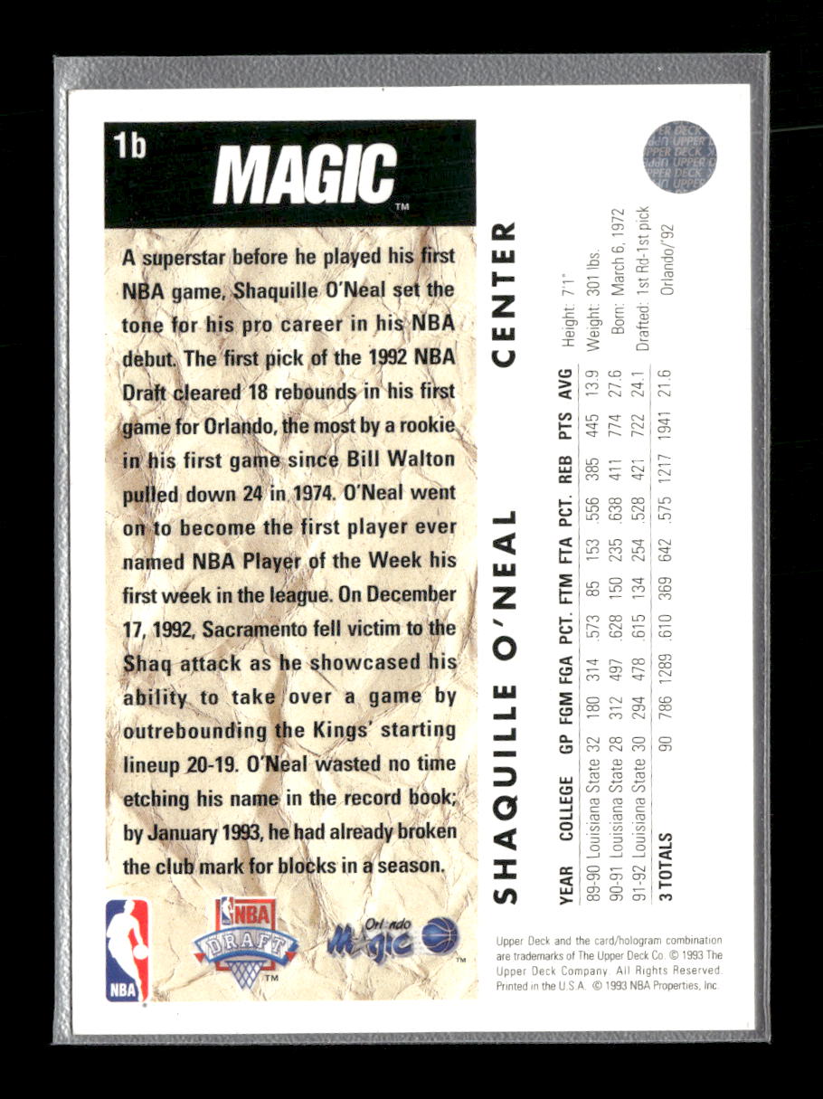 1992-93 Upper Deck Shaquille O'Neal #1b
