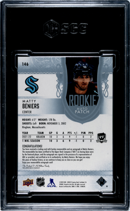 2022-23 Upper Deck The Cup Rookie Auto Patch /99 Matty Beniers 9 SGC #146