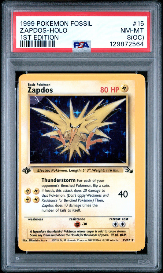1999 Pokemon Fossil 1st Ed Zapdos-Holo 8 PSA #15 OFF CENTER ERROR + HOLO ERROR