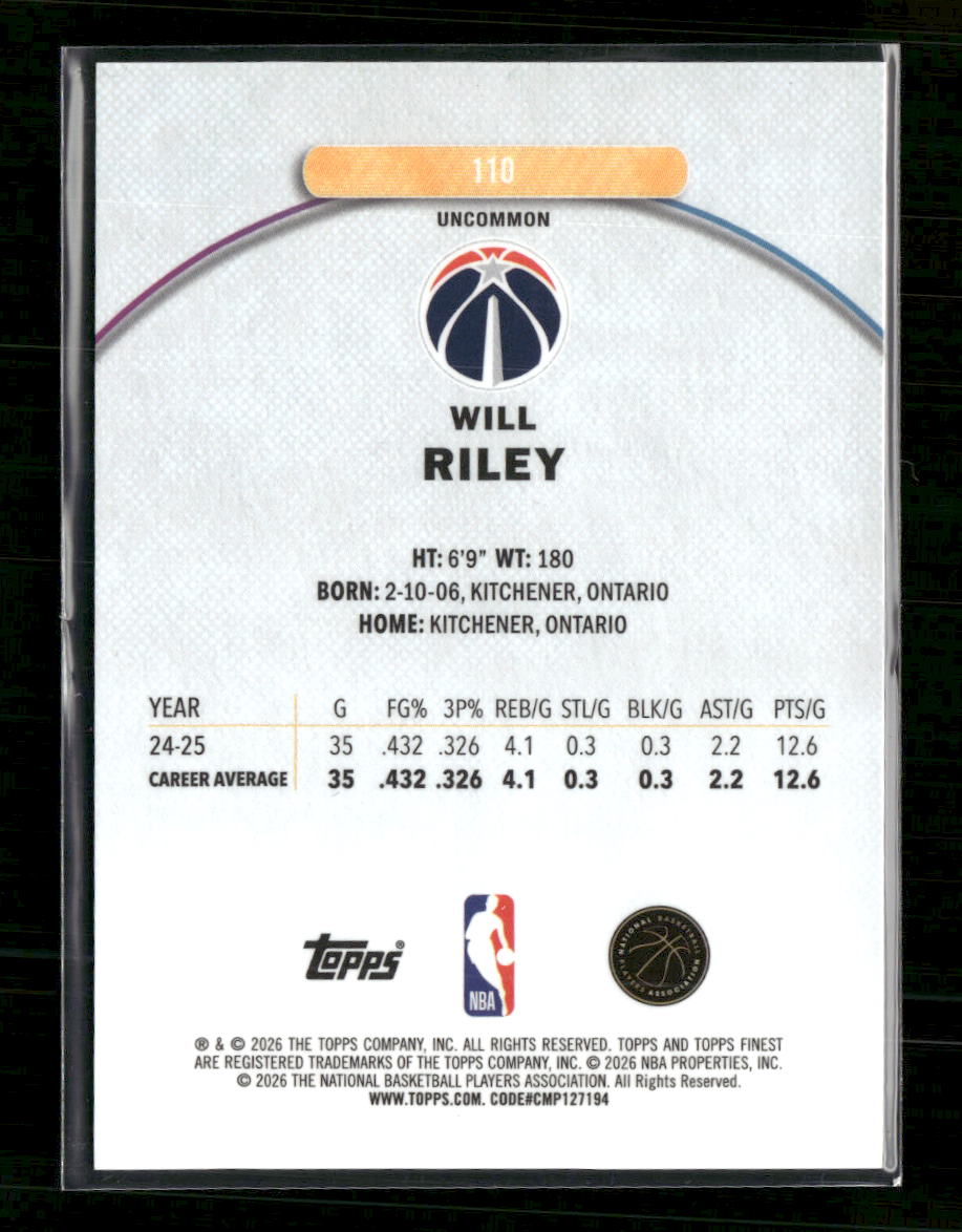 2025-26 Finest Gold Refractor Will Riley Rookie #/25 #110