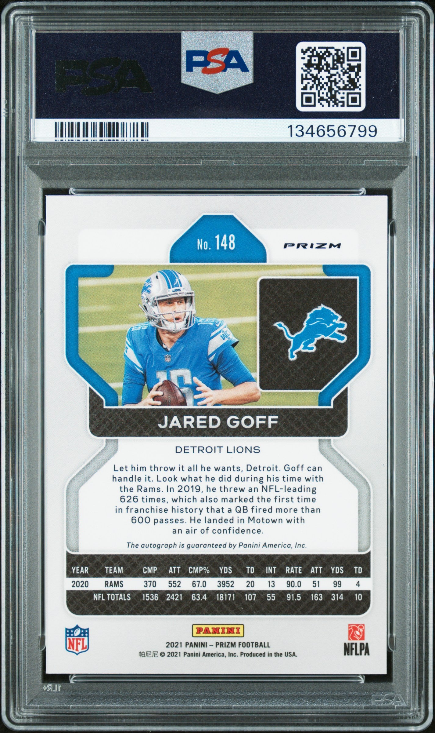 2021 Panini Prizm Autograph Jared Goff 8 PSA #148
