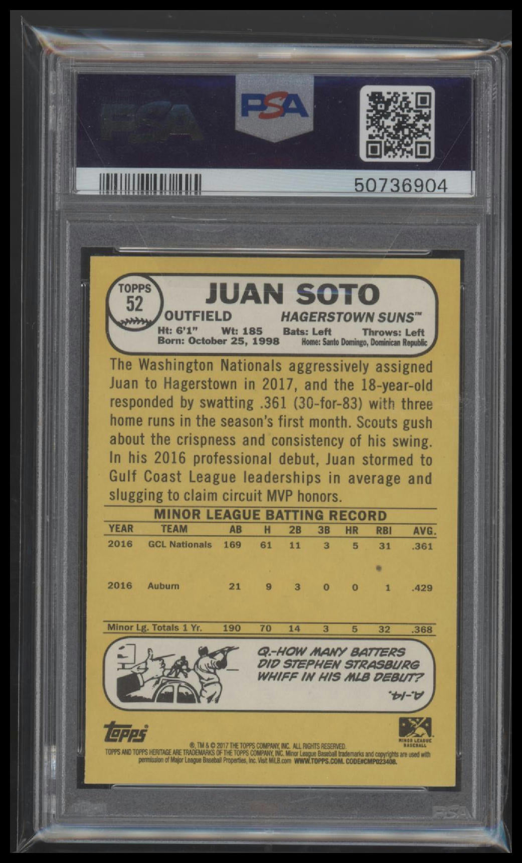 2017 Topps Heritage Minor League Minor League Juan Soto 9 PSA #52