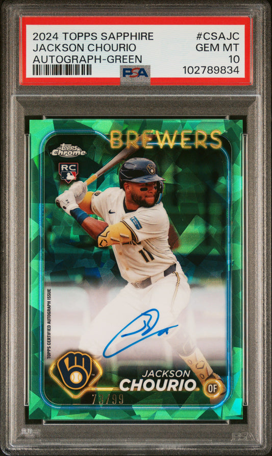 2024 Topps Chrome Sapphire Auto-Green Jackson Chourio 10 PSA #CSAJC