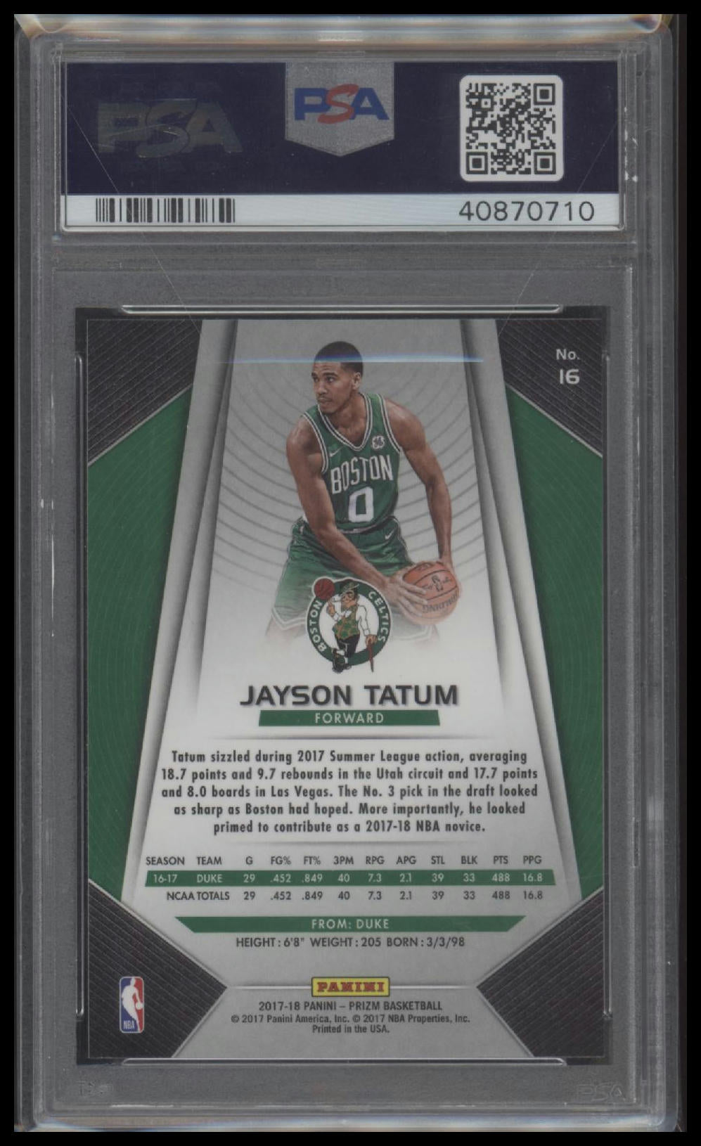2017 Panini Prizm Jayson Tatum 10 PSA #16