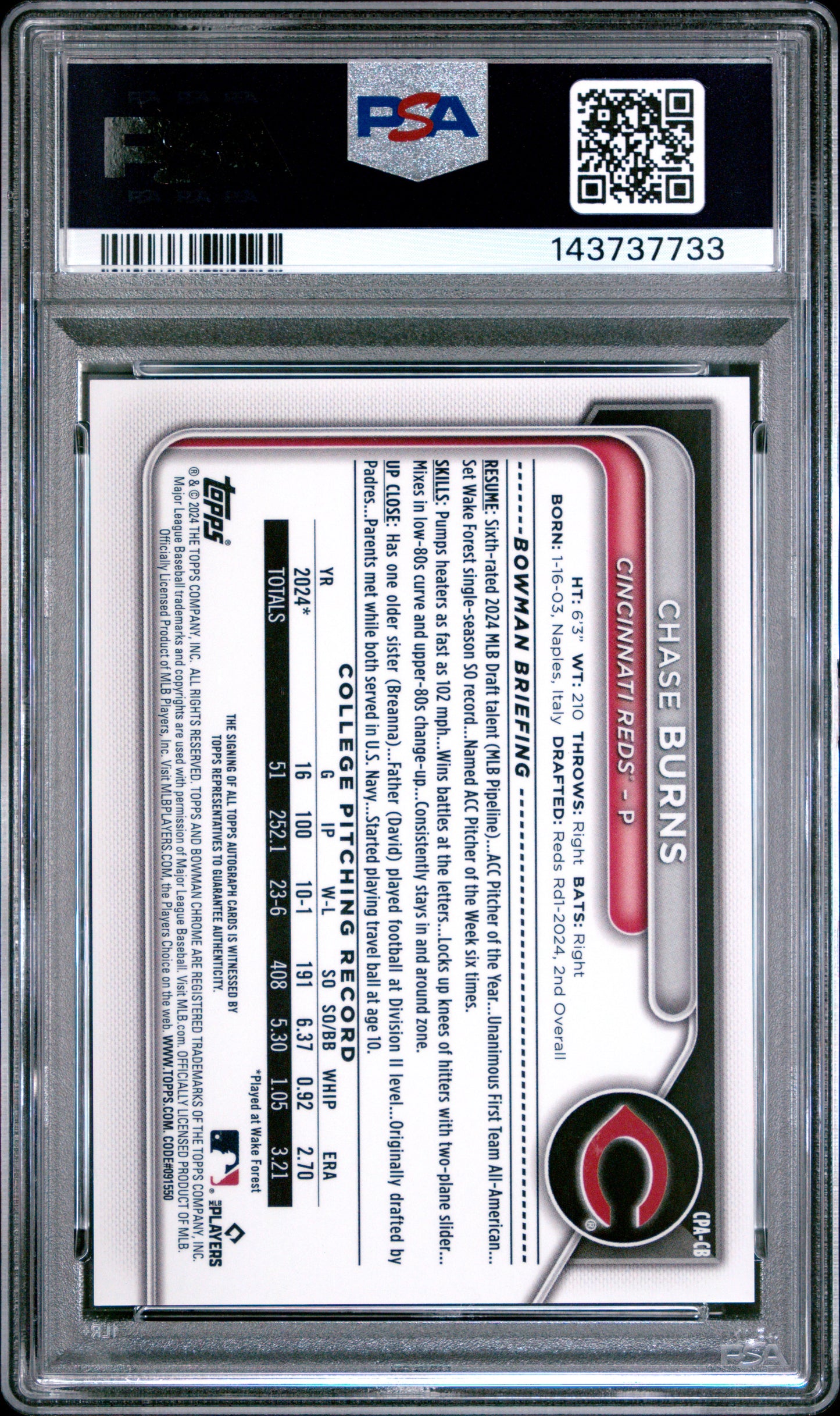 2024 Bowman Draft Chrome Prospect Autographs Chase Burns 9 PSA #CPACB