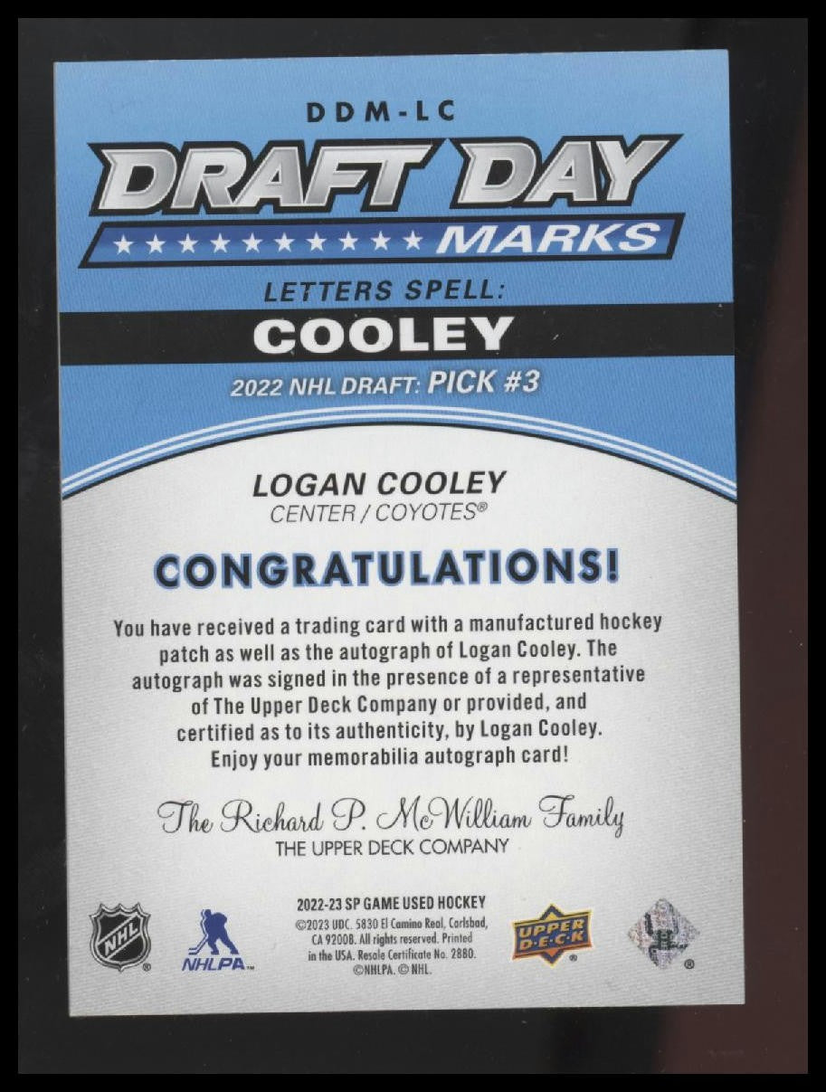 Logan Cooley 2023-24 SP Game Used #DDM-LC Draft Day Marks #/35
