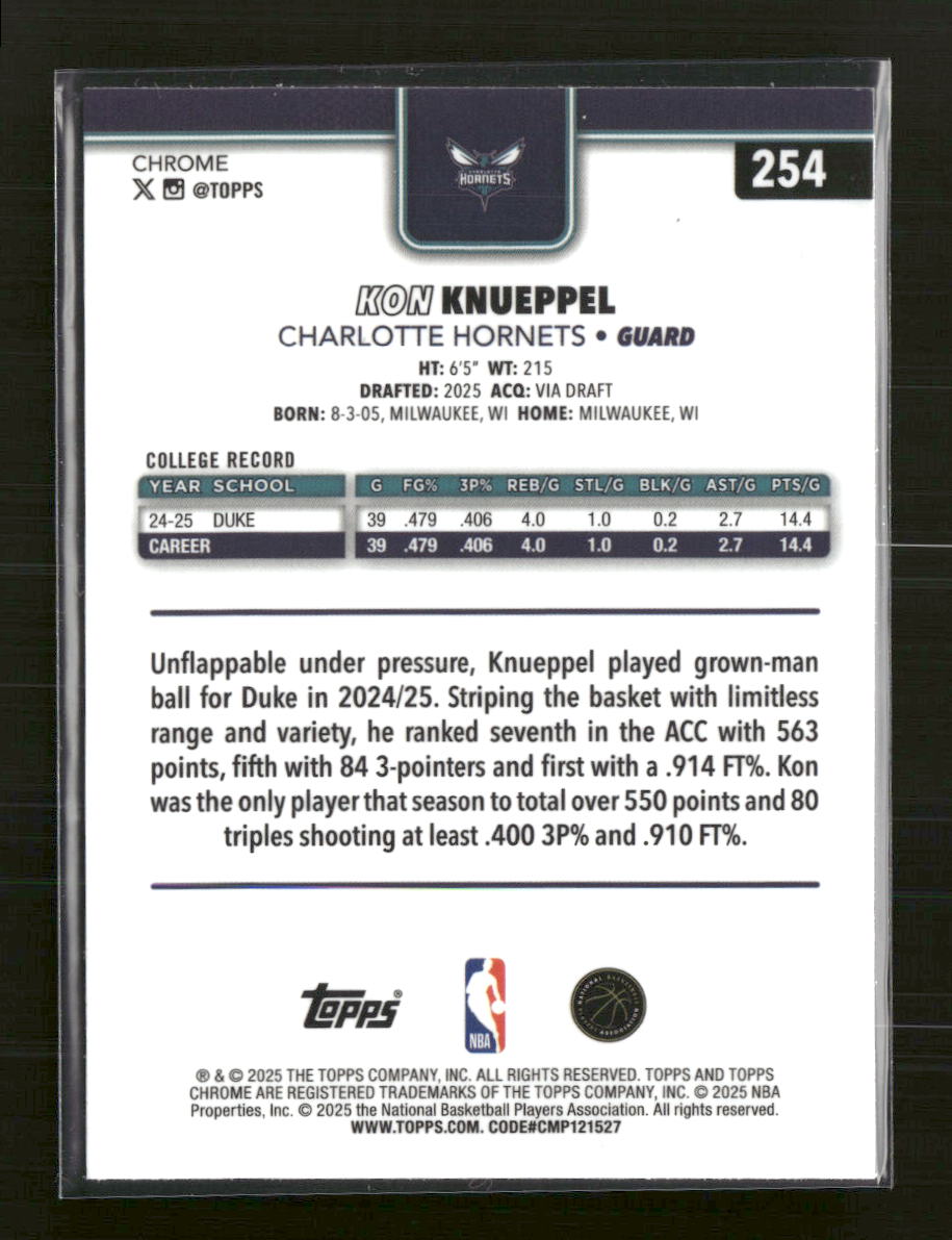 2025-26 Topps Chrome Kon Knueppel Rookie #254