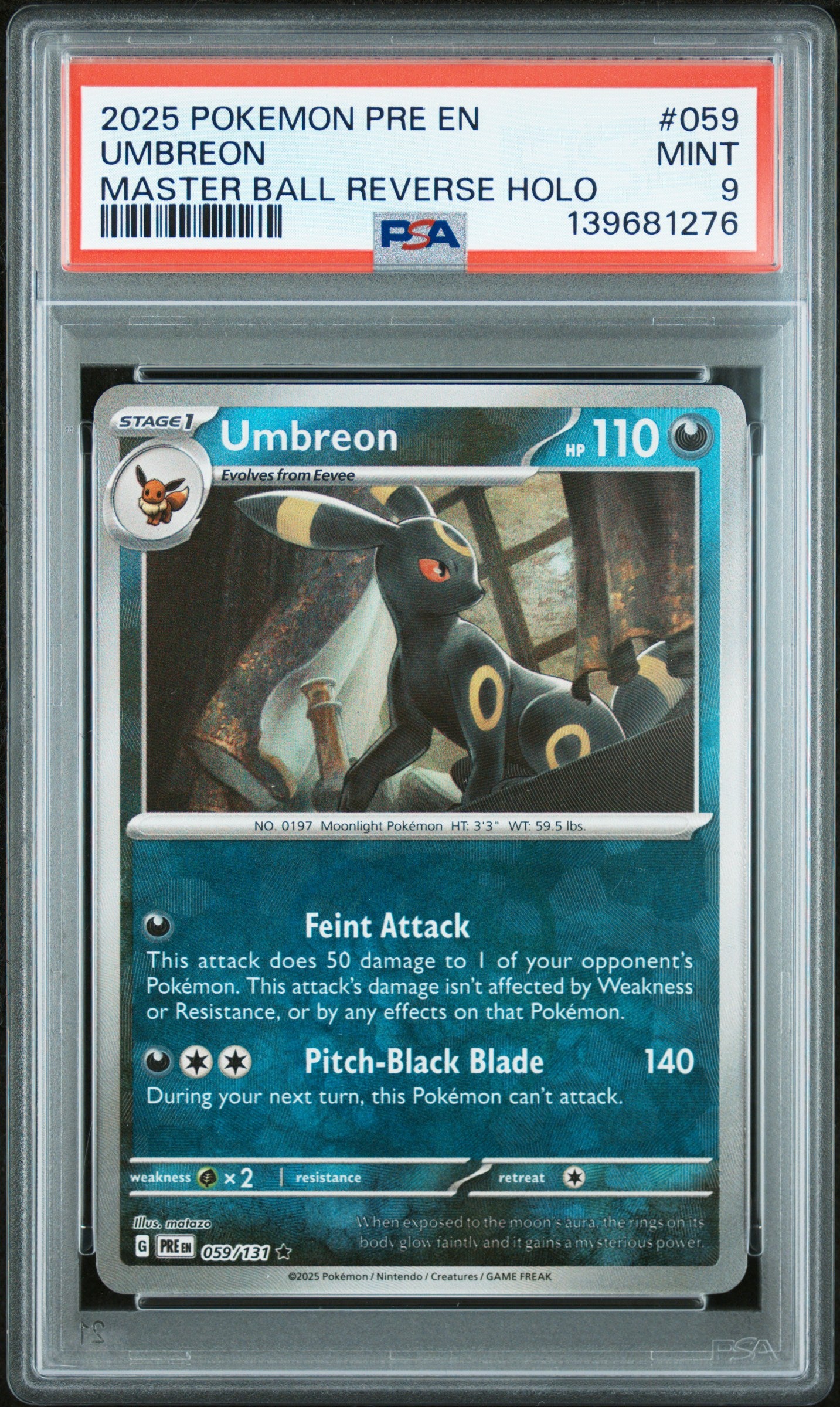 2025 PokemonPrismatic Evolutions Master Ball Reverse Holo Umbreon 9 PSA