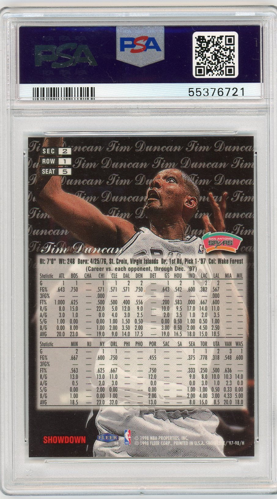 1997 Flair Showcase Row 1 Tim Duncan 9 PSA #5