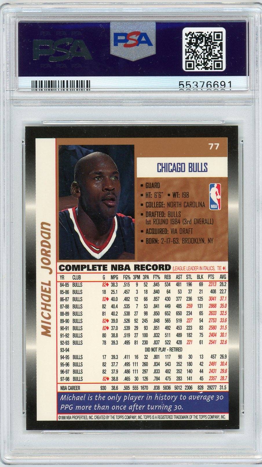 1998 Topps Michael Jordan 9 PSA #77