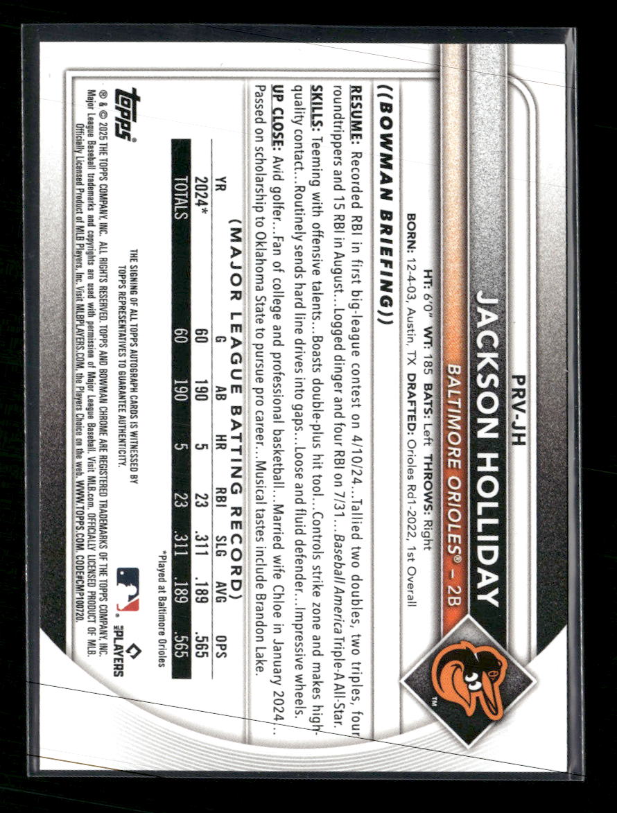 2025 Bowman Rookies and Veterans Autographs Jackson Holliday Auto #PRV-JH