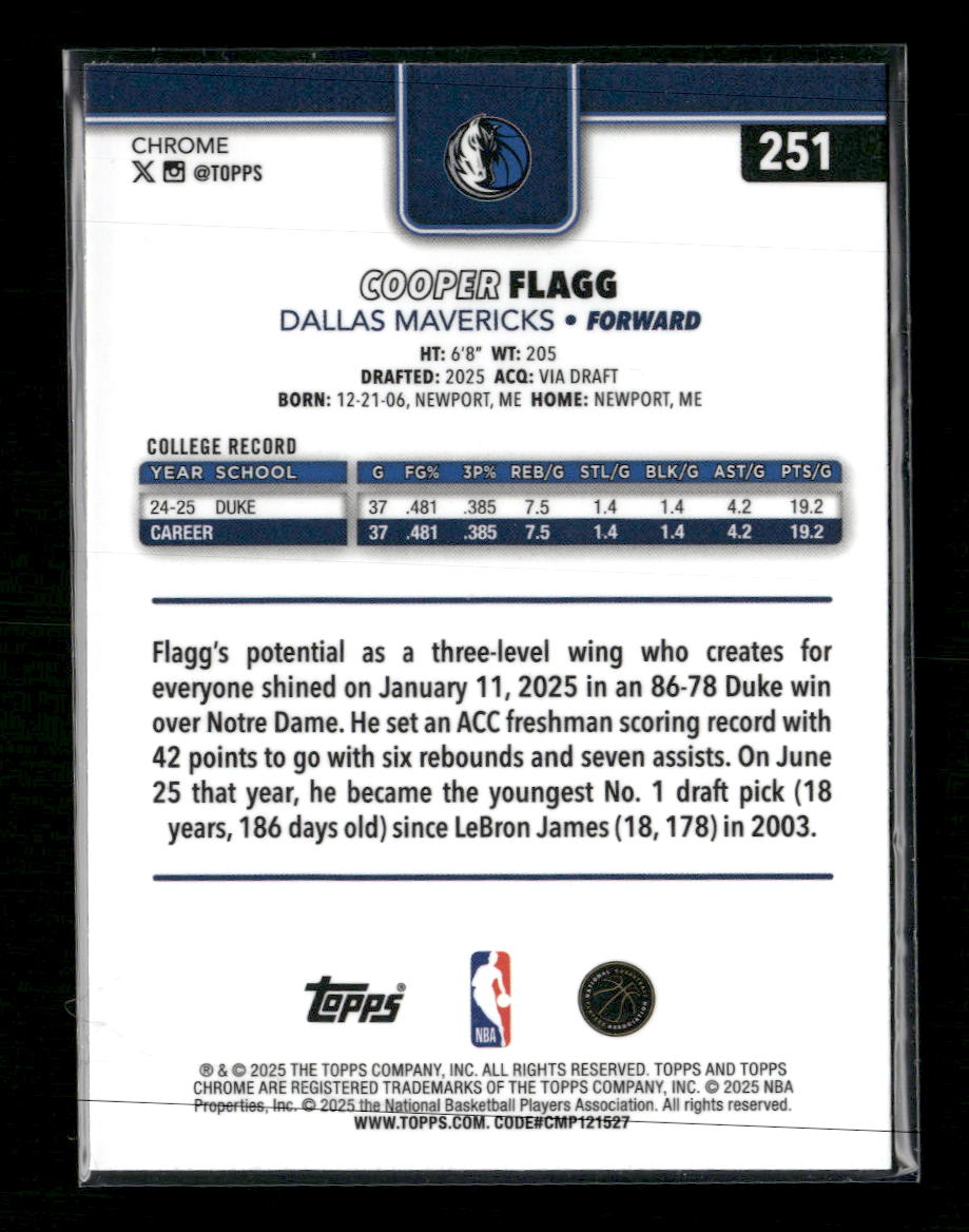 2025-26 Topps Chrome Cooper Flagg Rookie #251