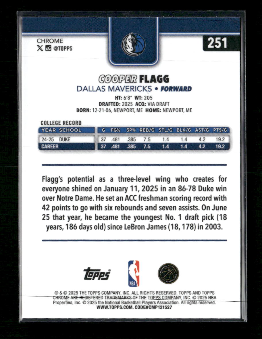 2025-26 Topps Chrome Cooper Flagg Rookie #251