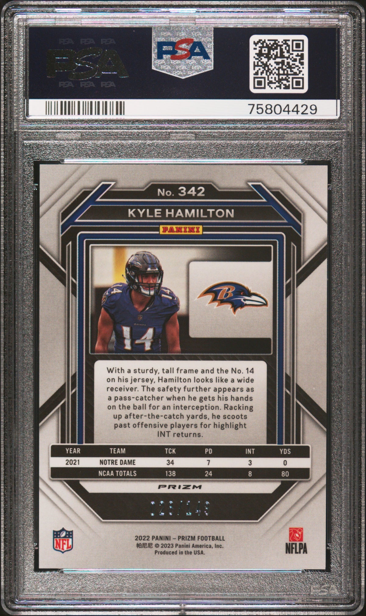 2022 Panini Prizm Red Wave Kyle Hamilton 10 PSA #342